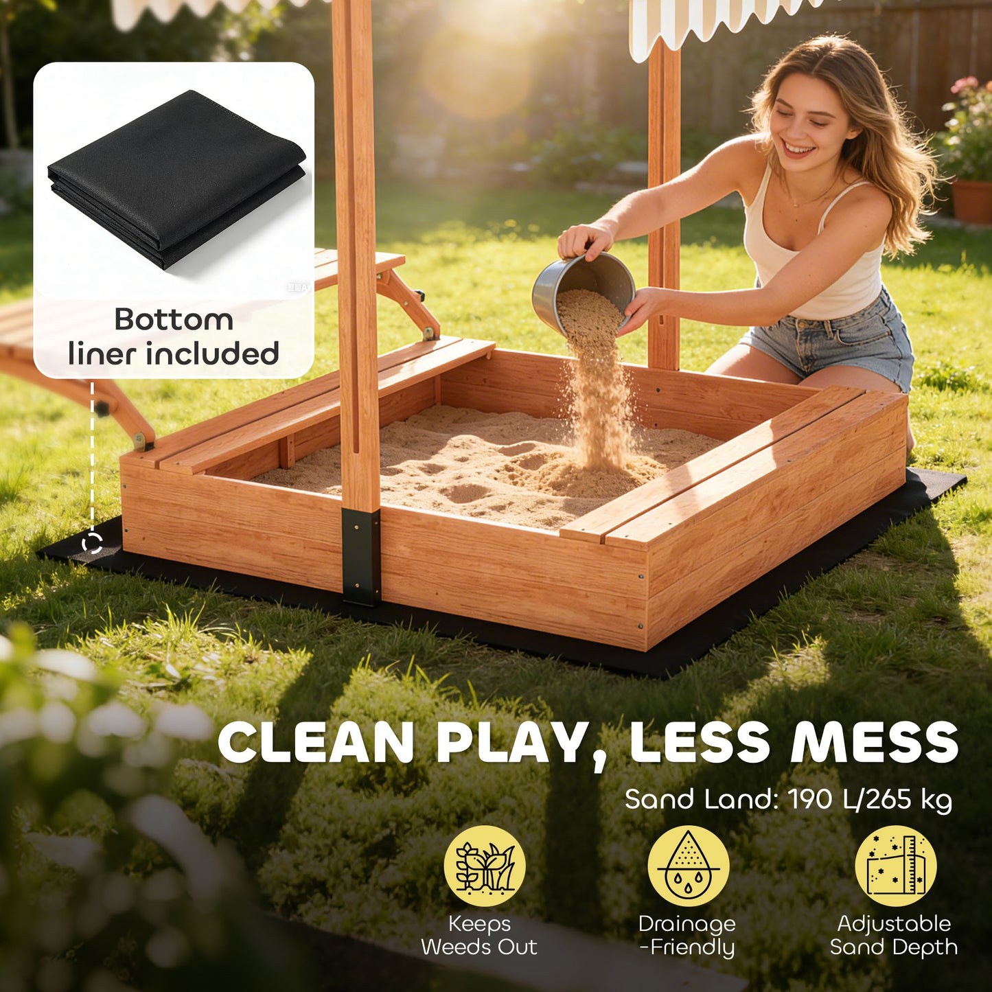 Kids Sand Pit with Canopy & Picnic Table – Fits 6 Children, 265kg Sand Capacity, UV-Proof Adjustable Canopy, Solid Fir Wood, EN71 Tested, Ages 3–8