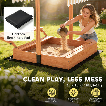 Kids Sand Pit with Canopy & Picnic Table – Fits 6 Children, 265kg Sand Capacity, UV-Proof Adjustable Canopy, Solid Fir Wood, EN71 Tested, Ages 3–8