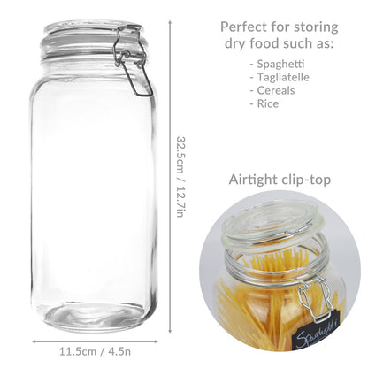 Maison & White 2.2L Glass Storage Jar | Tall Clip Top Pasta & Pantry Container | 32.5cm High | Clear Glass & Steel Clasp