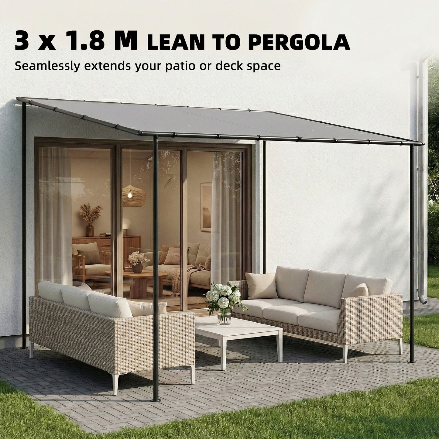 3x1.8m Lean-To Garden Pergola | UPF30+ Canopy | Sloped Roof & Drainage | Metal Frame | Grey