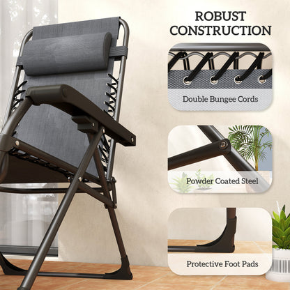 Set of 2 Zero Gravity Folding Sun Loungers | Reclining | Headrest & Tray | Dark Grey
