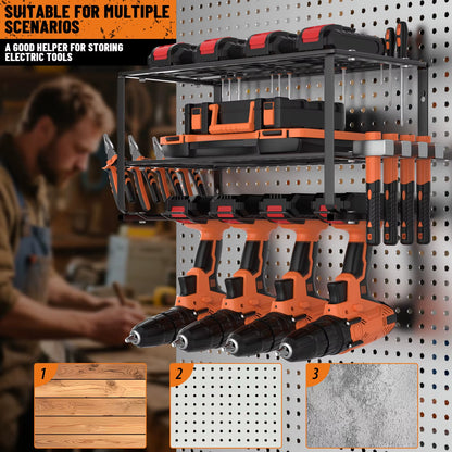 3-Tier Power Tool Storage, Heavy Duty Metal Tools Shelf Organiser Rack For 4 Drill Tools, Toolbox, Screwdrivers, Pliers