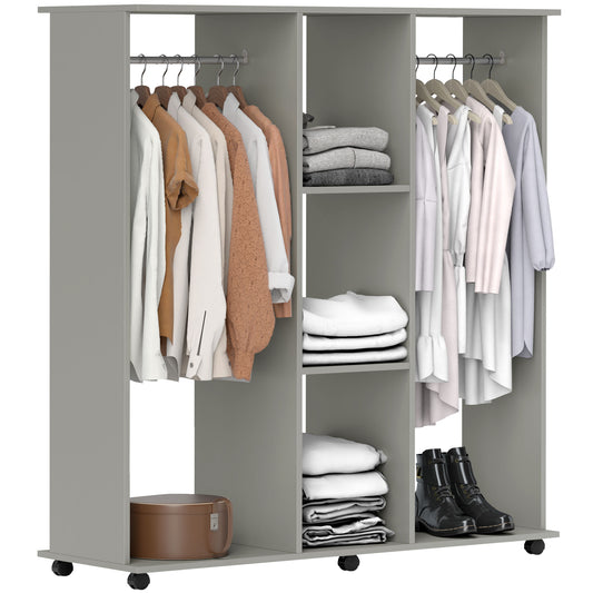 Double Open Wardrobe on Wheels, Bedroom Wardrobe with Clothes Hanging Rails, 3 Storage Shelves, Mobile Garment Rack for Cloakroom, Hallway, Grey