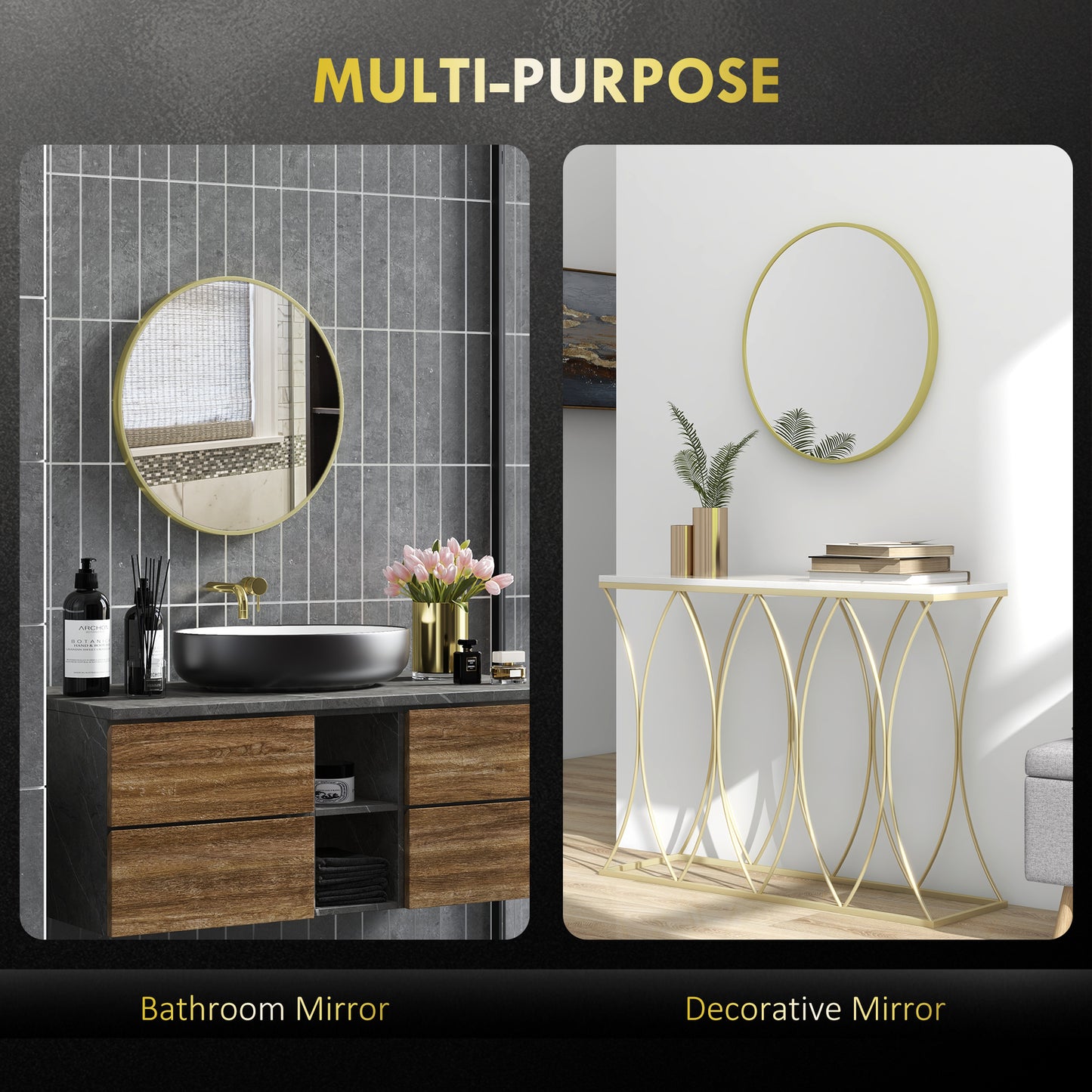 Round Bathroom Mirror, Modern Wall-mounted Vanity Mirror W/ Aluminium Frame, Easy Install Hook for Living Room, Entryway, 60 x 60cm, Gold Tone