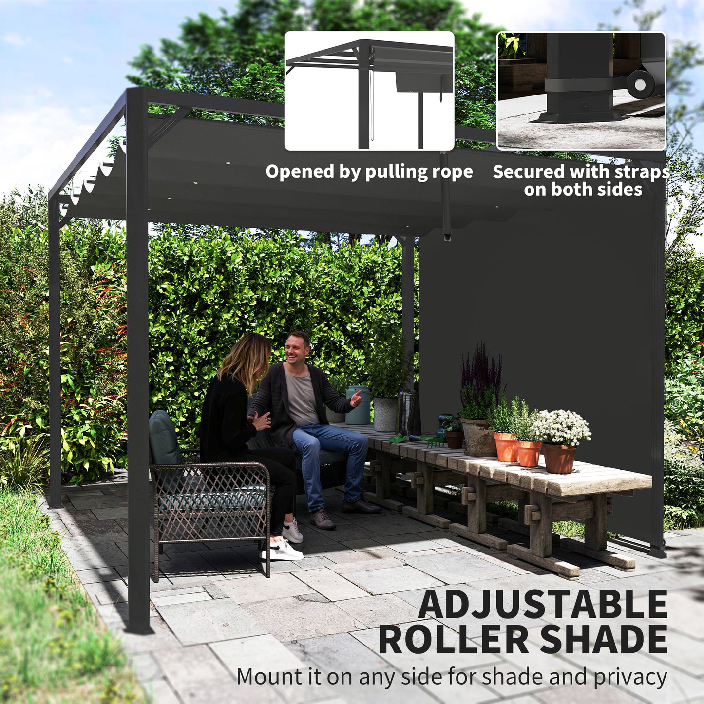 3 x 3(m) Garden Pergola with Retractable Roof Canopy and Roller Shade, Aluminium Pergola Kit Gazebo, UPF30+ Sun Shade Shelter for Deck, Porch