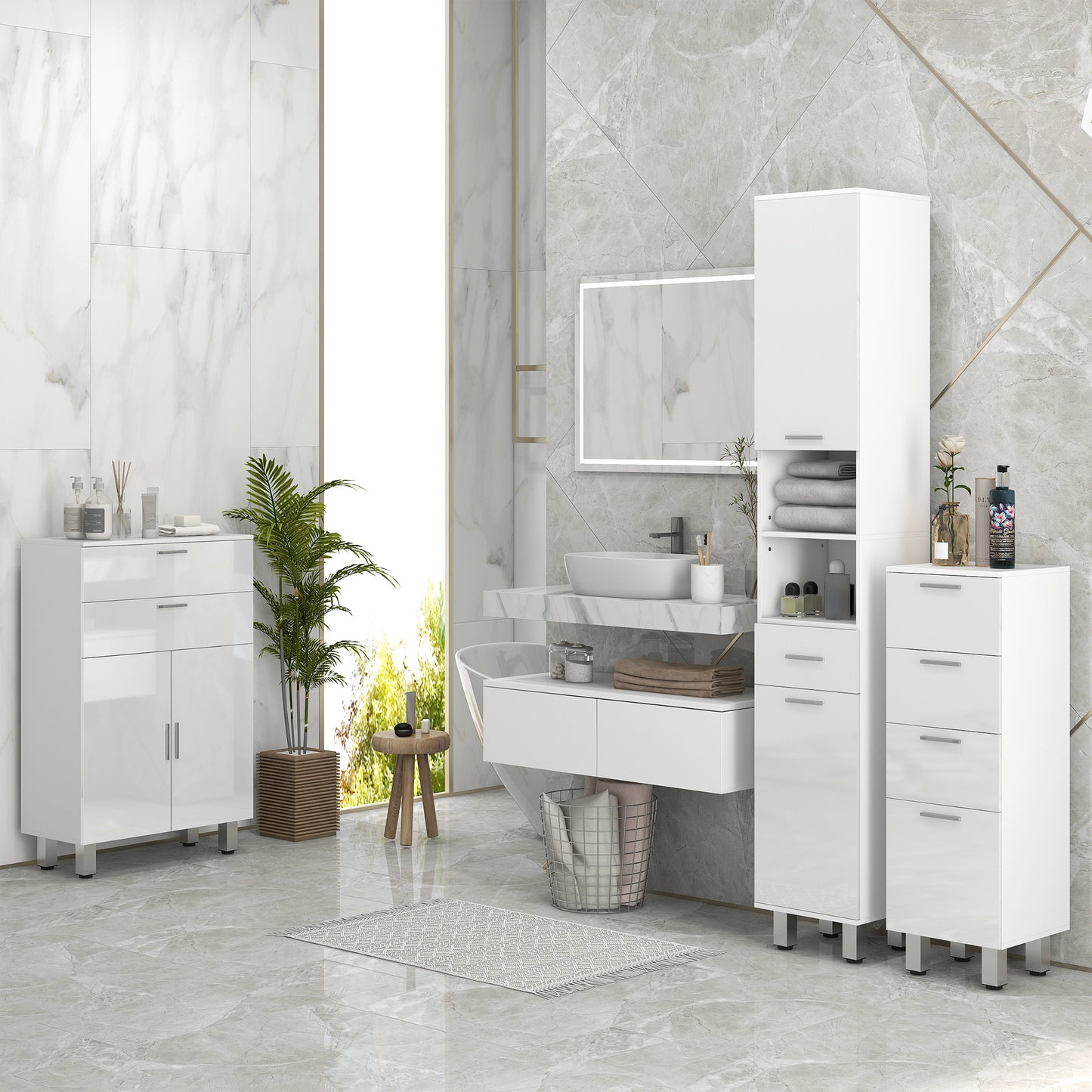 Kleankin 71" Tall Slim Bathroom Storage Cabinet, Tall Narrow Cupboard with Drawer, Open Shelves, 2 Doors Cabinets and Adjustable Shelves for Kitchen - White