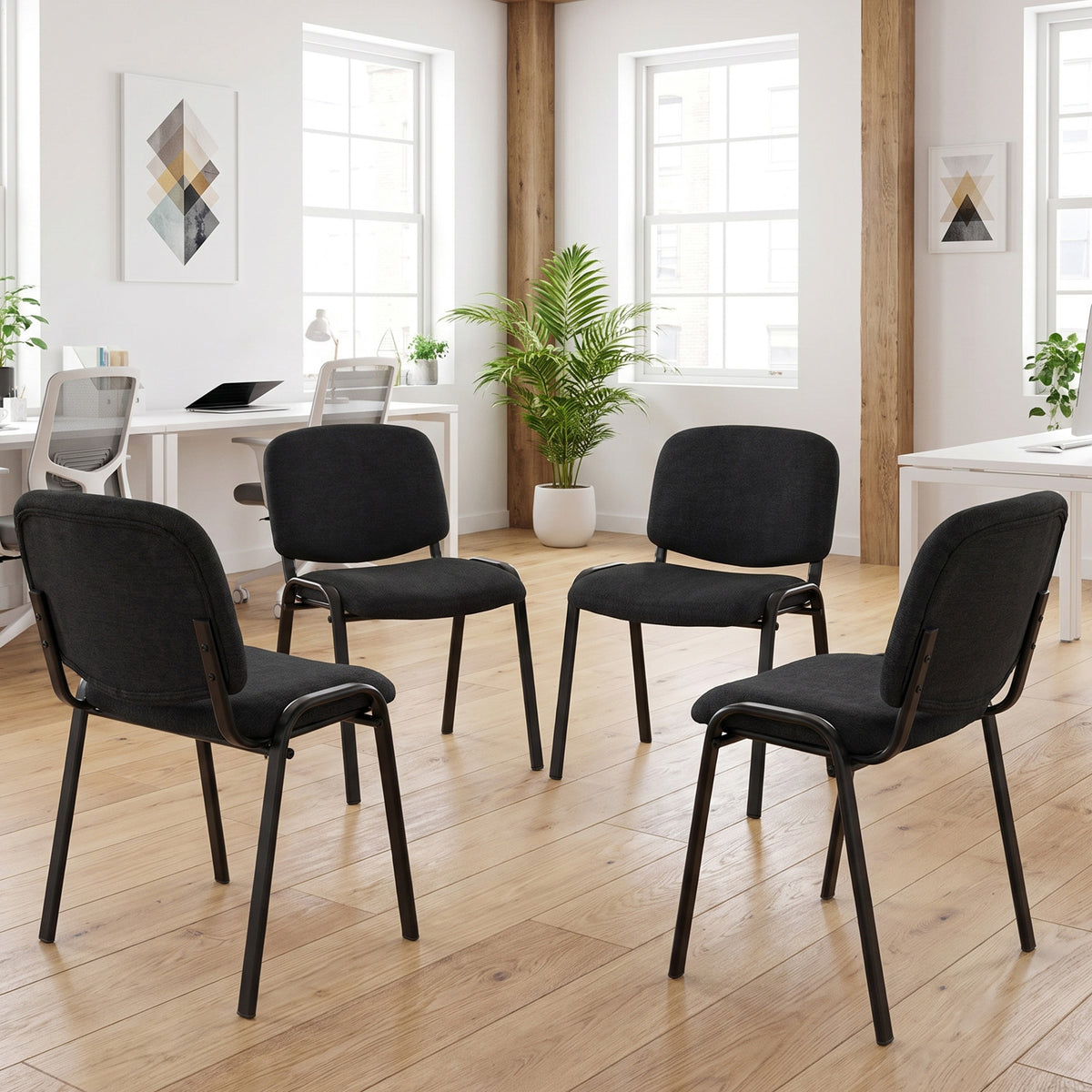 Stackable Office Reception Chairs Set of 4 | Black Padded Meeting Chairs | Steel Frame | 120kg Capacity