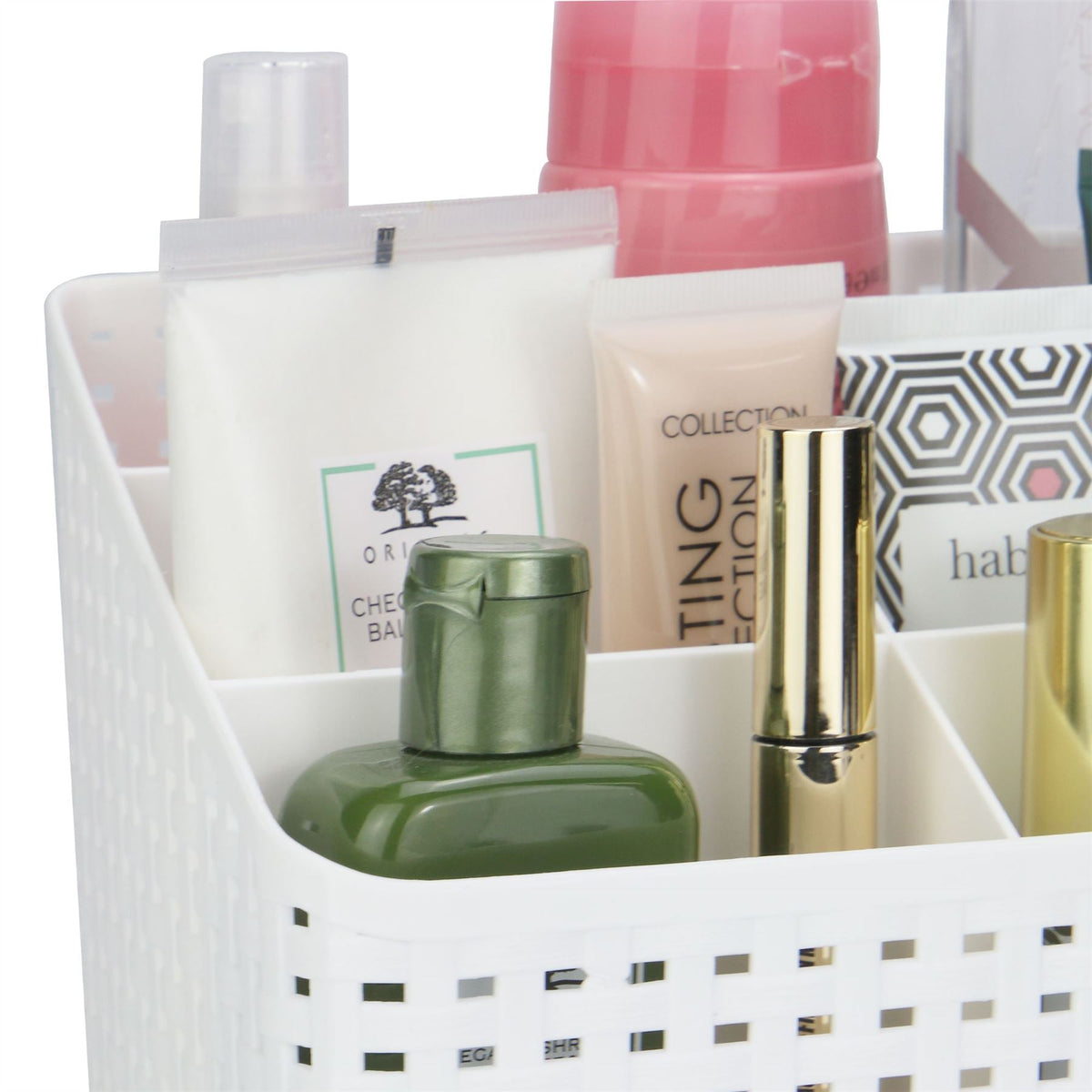 Pukkr White Cosmetic Storage Organiser | 5 Compartments | Rattan-Style Plastic Makeup & Toiletry Caddy | 19.2cm