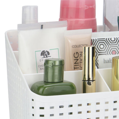 Pukkr White Cosmetic Storage Organiser | 5 Compartments | Rattan-Style Plastic Makeup & Toiletry Caddy | 19.2cm