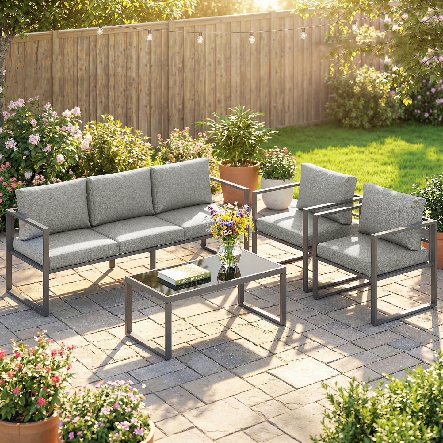 4-Piece Garden Sofa Set | 3-Seater Sofa | 2 Armchairs | Tempered Glass Coffee Table | Powder-Coated Aluminium Frame | 8cm Seat & 12cm Back Cushions | Anti-Slip Straps | Washable Zip Covers | 360kg Sofa Capacity | Dark Grey