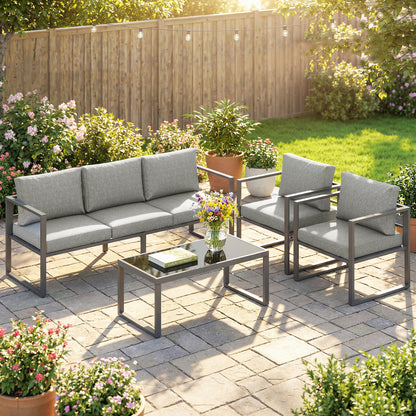4-Piece Garden Sofa Set | 3-Seater Sofa | 2 Armchairs | Tempered Glass Coffee Table | Powder-Coated Aluminium Frame | 8cm Seat & 12cm Back Cushions | Anti-Slip Straps | Washable Zip Covers | 360kg Sofa Capacity | Dark Grey