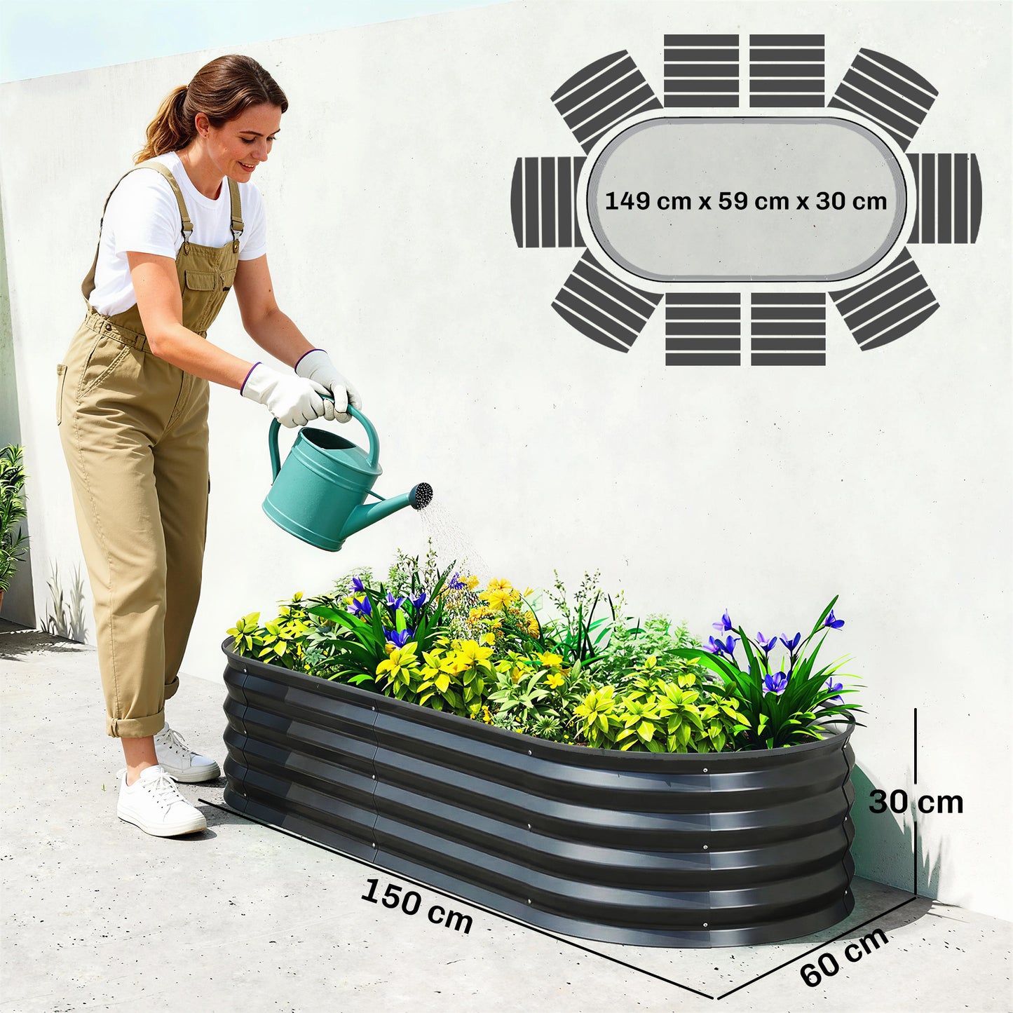 Set of 2 Galvanised Steel Raised Garden Beds | Open Bottom | Rubber Seal Top | 4 Protective Corners | Metal Plant Stakes | Easy Assembly | 150x60x30cm | Dark Grey