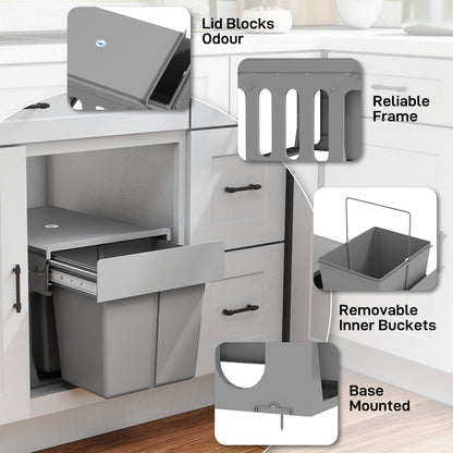 Pull Out Bin, Under Sink Bin - 2 Removable Compartments (15L Each) for 400mm Cabinets, Light Grey