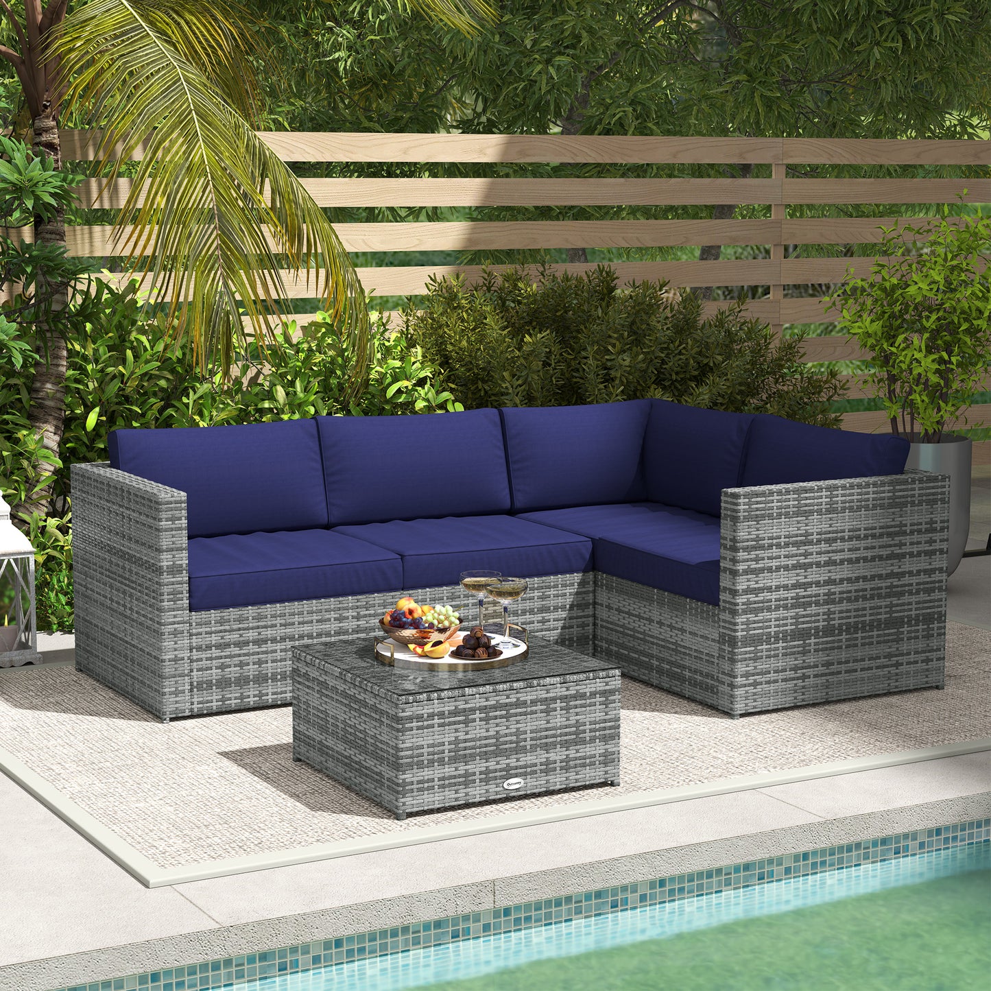 PE Rattan Garden Furniture Set with 10 cm Thick Cushions, 4 Seater Garden Corner Sofa Set W/ Glass Top Coffee Table, Outdoor Furniture