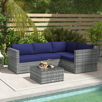PE Rattan Garden Furniture Set with 10 cm Thick Cushions, 4 Seater Garden Corner Sofa Set W/ Glass Top Coffee Table, Outdoor Furniture