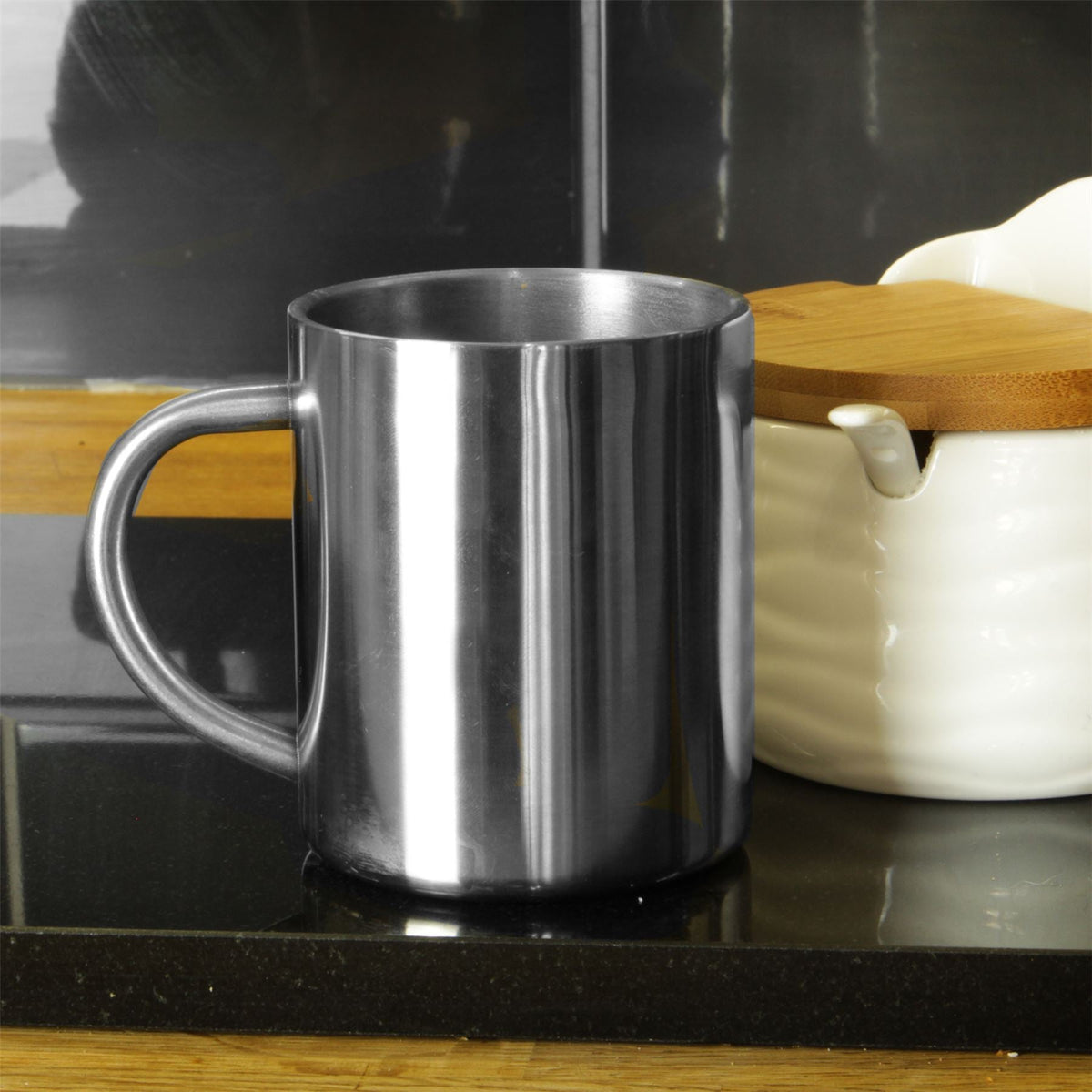 Maison & White Stainless Steel Mugs | Set of 2 × 300ml | Double-Walled Brushed Silver Tea & Coffee Cups with Handles | Home, Office & Camping