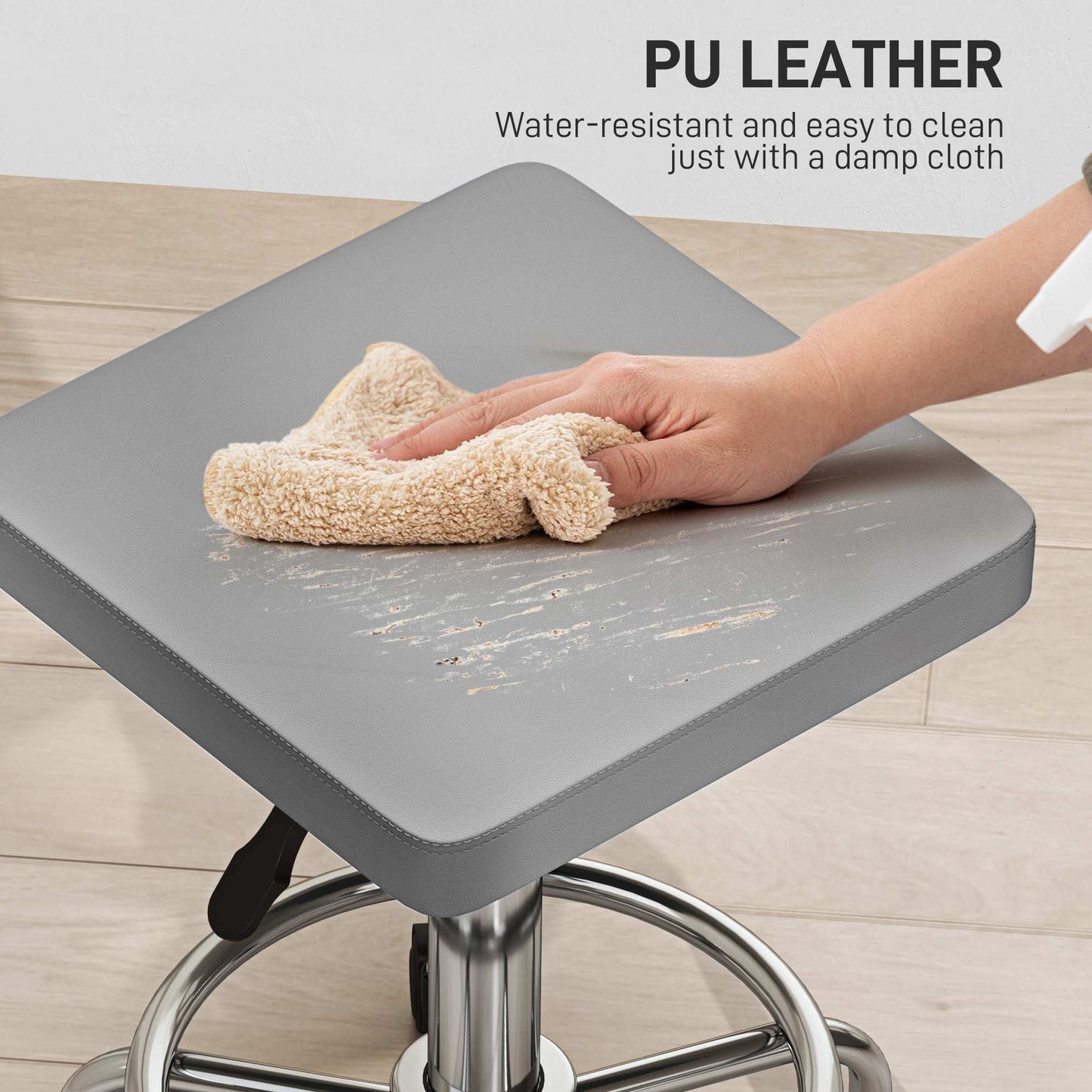 Adjustable PU Leather Rolling Stool - Grey