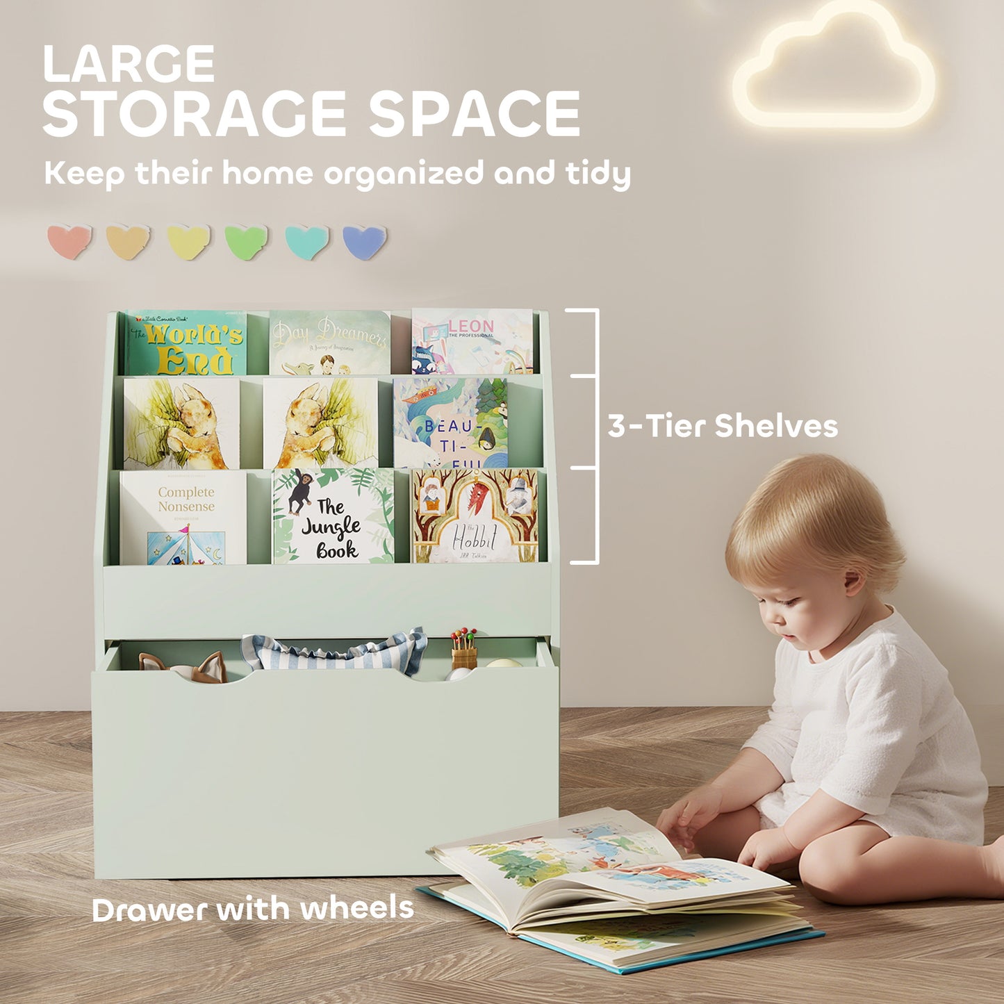 AIYAPLAY Bookcase for Kids with Shelves, Drawer, Bookcase for Bedroom, Playroom, Green / Grey / Pink