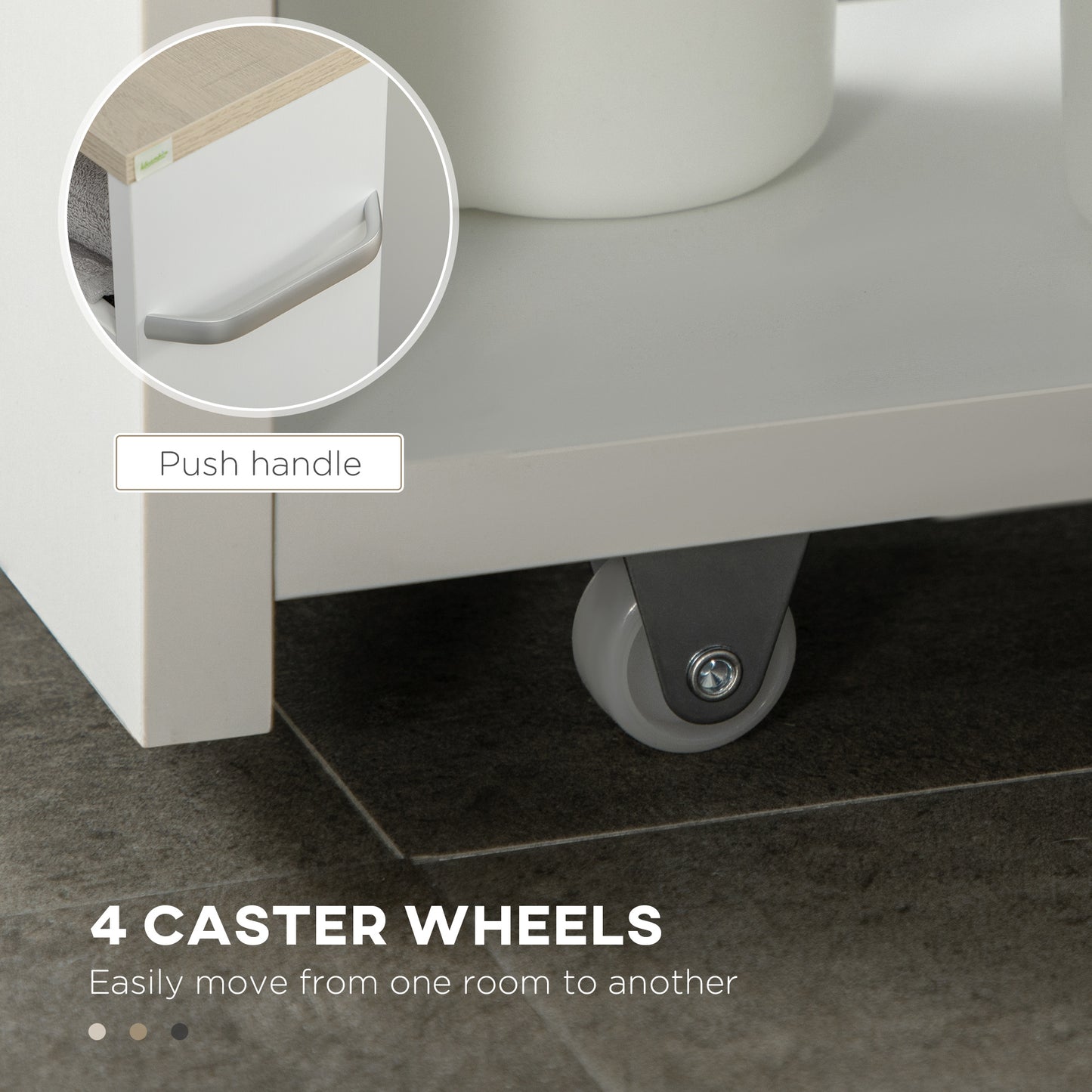 4-Tier Slim Bathroom Storage Trolley | 4 Wheels & Side Handle | Moisture-Resistant Laminated MDF | 10kg Total 2.5kg Per Shelf | Fits Between Toilet & Bath | 48x15x80cm | White