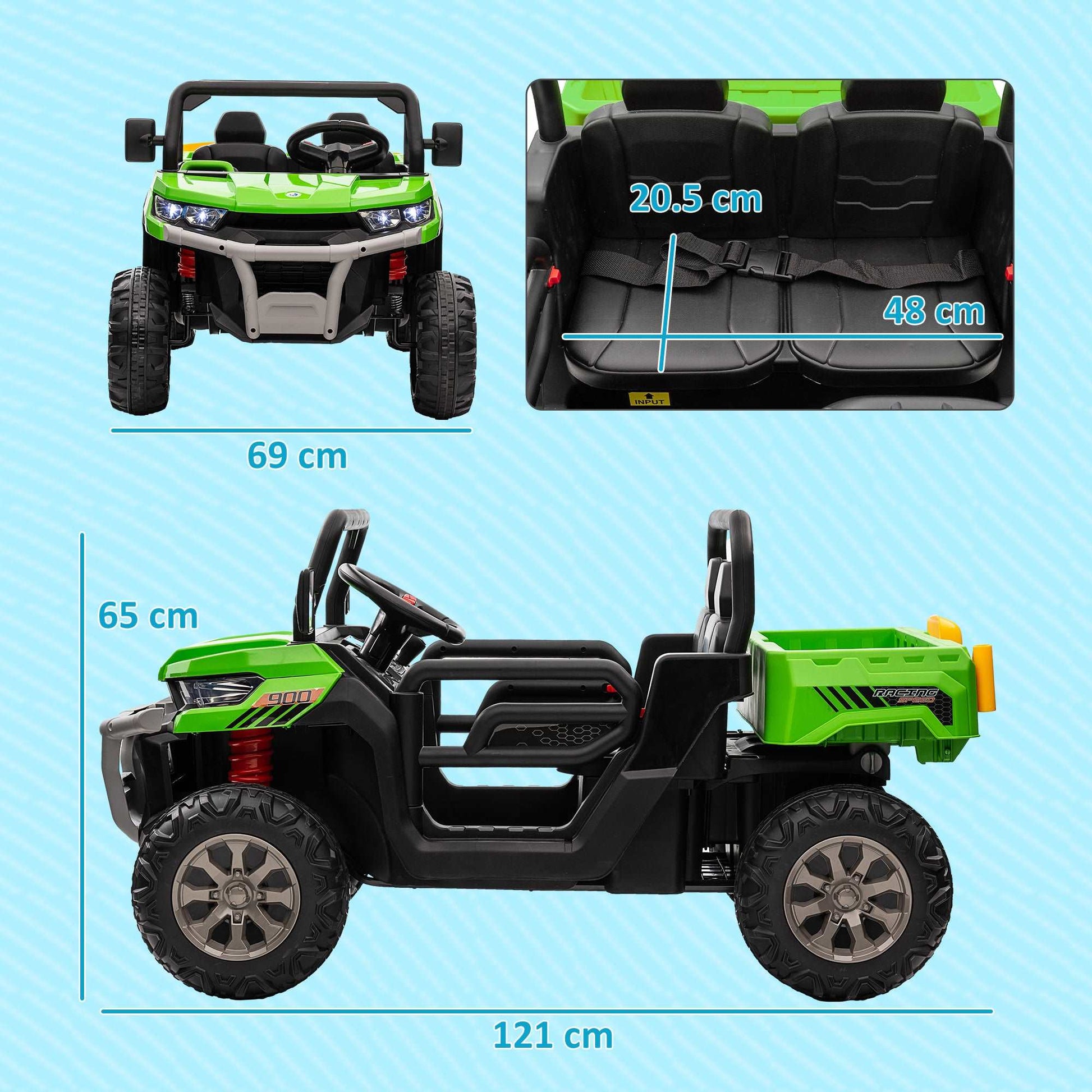 12V Two-Seater Kids Electric Ride-On Car, with Electric Bucket, Remote Control - Green