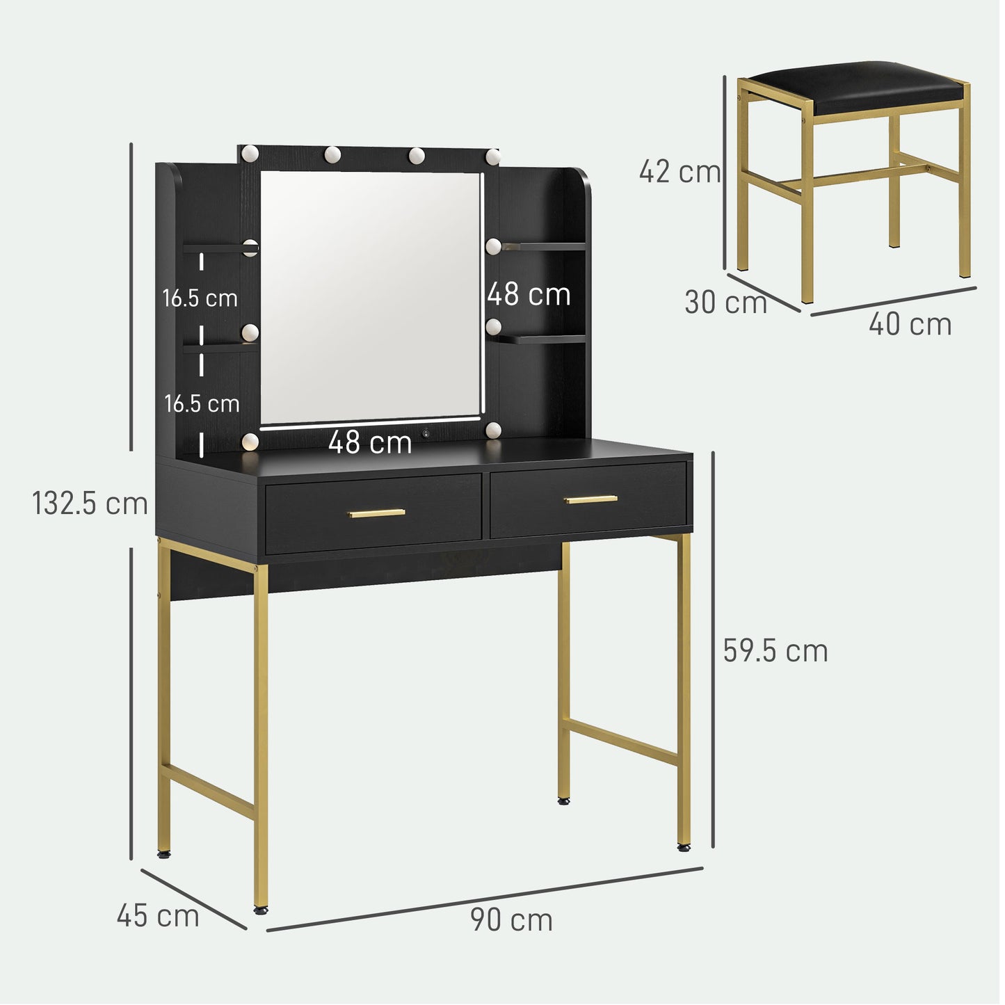Dressing Table with Lighted Mirror, Cushioned Stool, Drawers, Shelves, Makeup Vanity Desk Set, Modern Dresser Vanity Table for Bedroom, Black