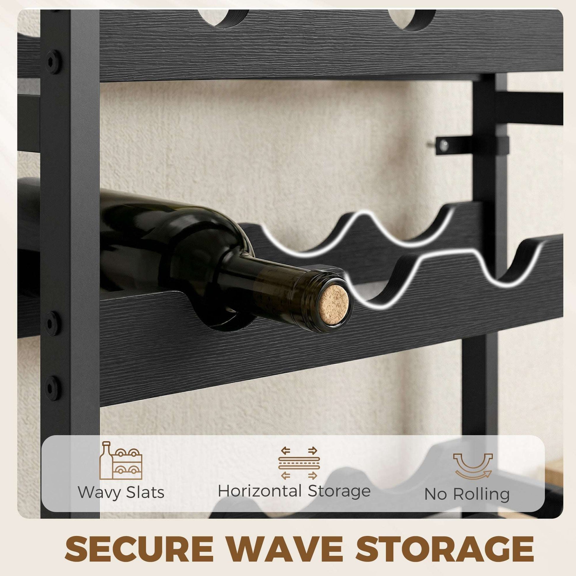 Freestanding Wine Rack | 5-Tier | 20 Bottles | Industrial Steel | Wave Slats | Anti-Tip Strap | Adjustable Feet | Black