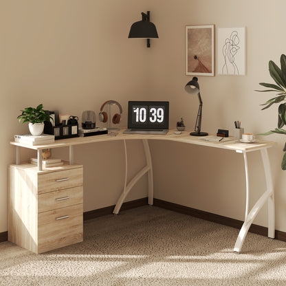 L-Shaped Computer Desk Table with Storage Drawer, Home Office Desk Corner Industrial Style Workstation for A4 Files 143.5 x 143.5 x 76cm, Oak