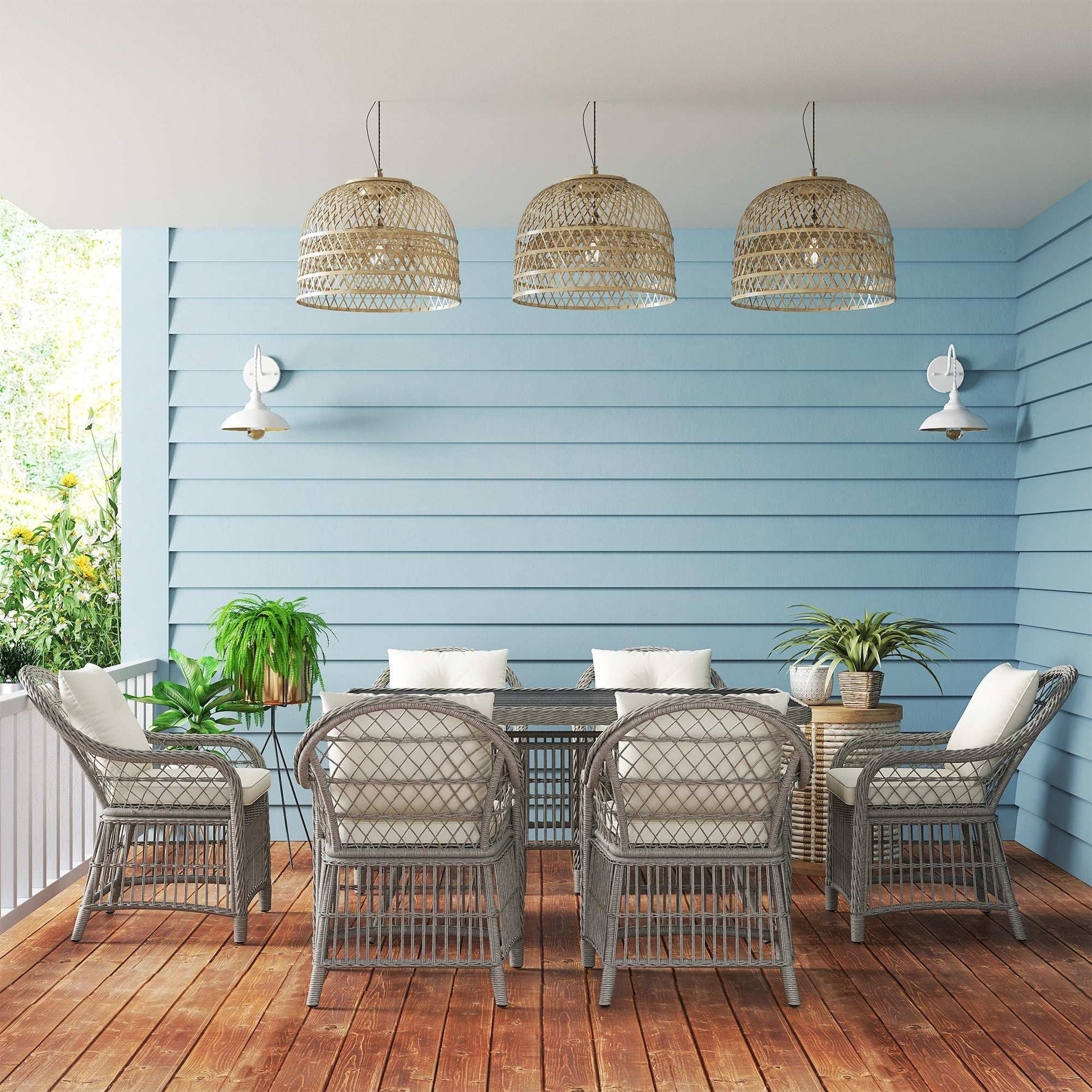 Rattan Dining Set with Seat and Back Cushions, 6 Seater Garden Furniture Set with Aluminium Frame, 6 Chairs, WPC Top Rectangle Table - Grey