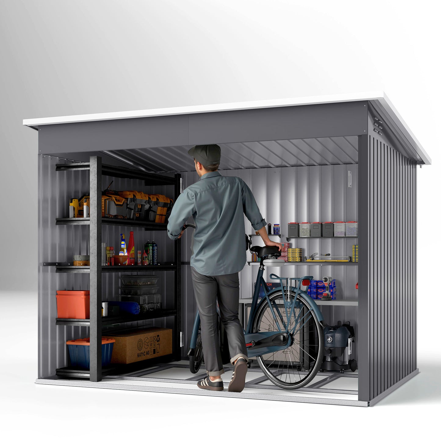 8.5 x 6ft Storage Shed Galvanised Steel Garden Shed, Metal Shed with Foundation Kit, Window, Lockable Wide Doors and Air Vents, Dark Grey