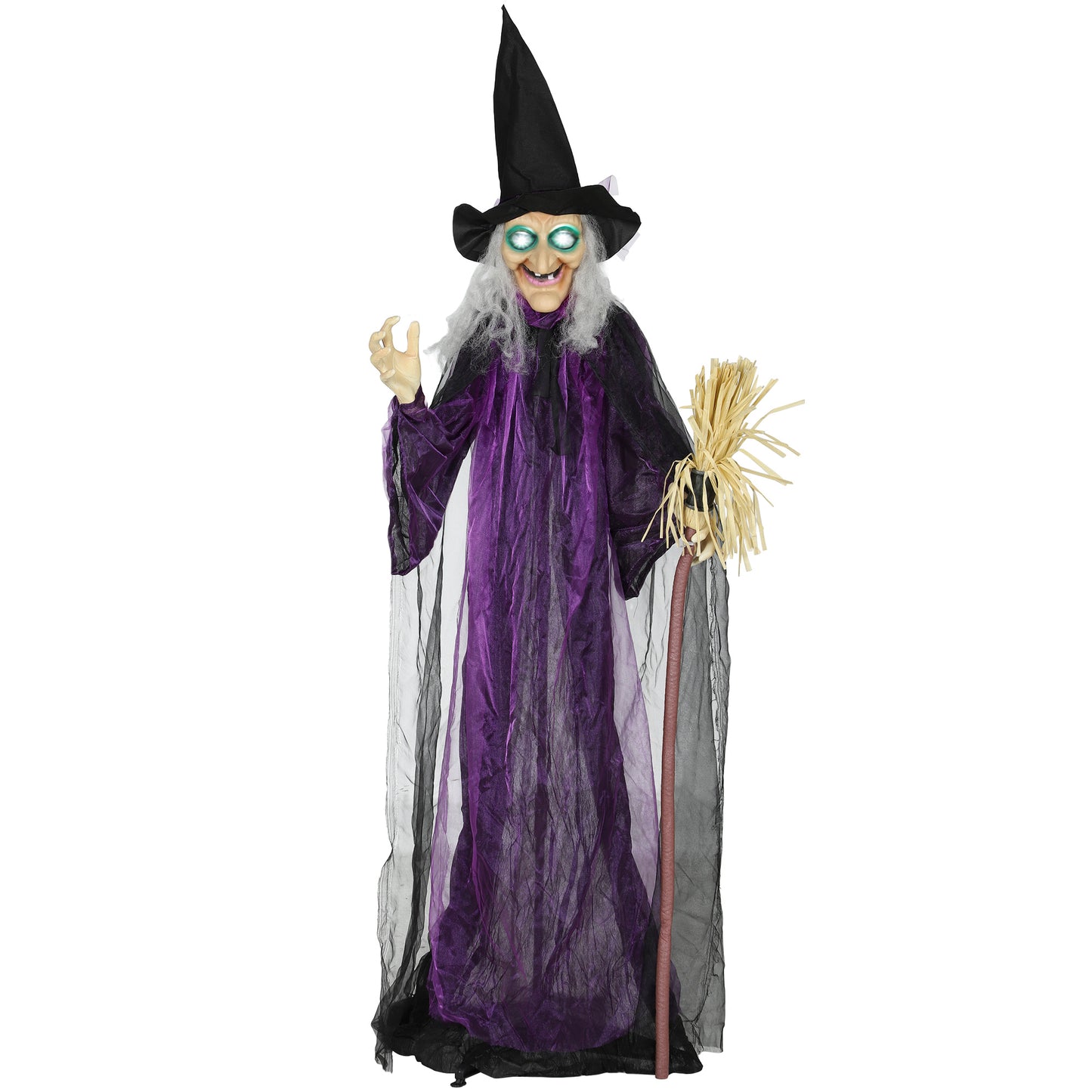 183 cm Life Size Halloween Animated Standing Witch & Broomstick with Glowing LED Eyes, Spooky Witch Scary Halloween Decorations, Battery Operated, Indoor Party Props