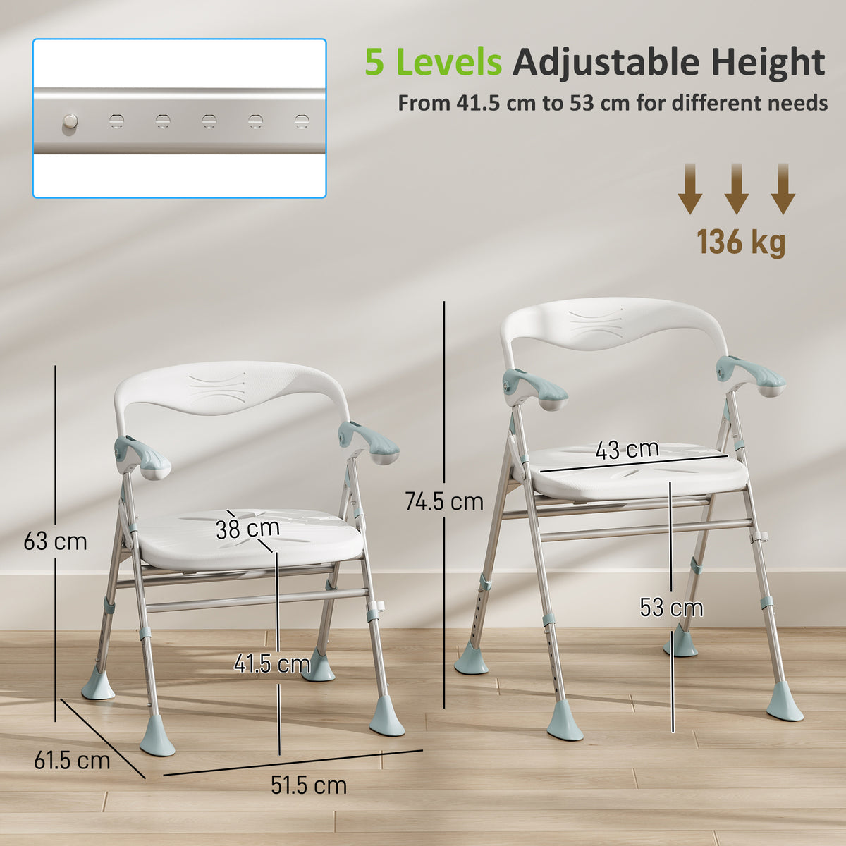 Foldable Shower Chair | Adjustable Height Bathroom Seat with Flip-Up Armrests, 136 kg Capacity | White & Light Green