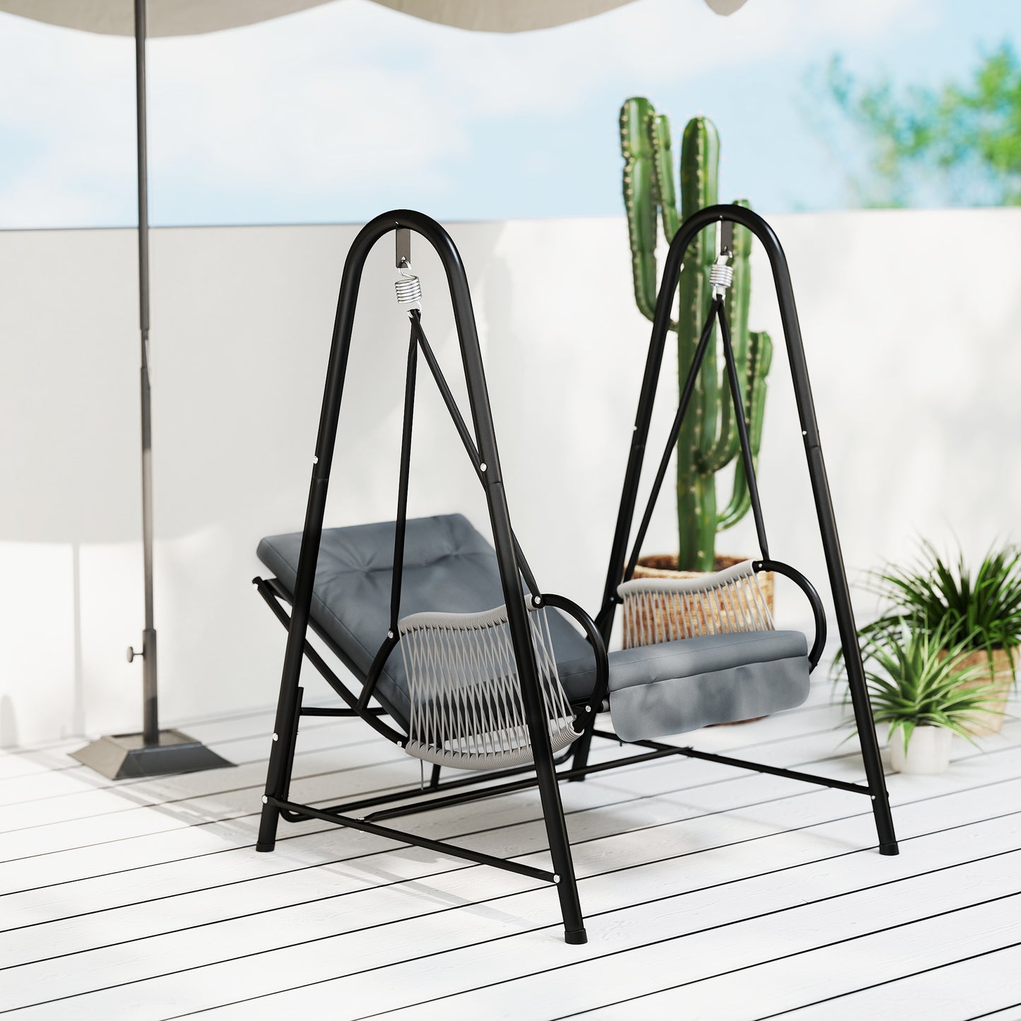 Outsunny Rattan Swing Chair, Outdoor Garden Hanging Swing Seat with Stand and Seat Cushion, Porch Hanging Chair for Balcony, Garden, Deck