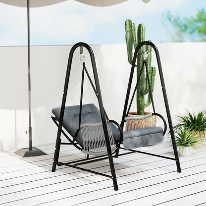 Outsunny Rattan Swing Chair, Outdoor Garden Hanging Swing Seat with Stand and Seat Cushion, Porch Hanging Chair for Balcony, Garden, Deck