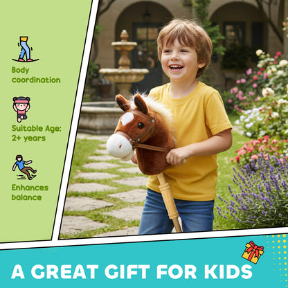 AIYAPLAY Stick Hobby Horse | Brown | Polyester Fabric Poplar Wood | 95cm | Neighing & Galloping Sounds | Wooden Wheels | Grip Handle | EN71 | 3x LR44 Included | Indoor Outdoor | Age 2+