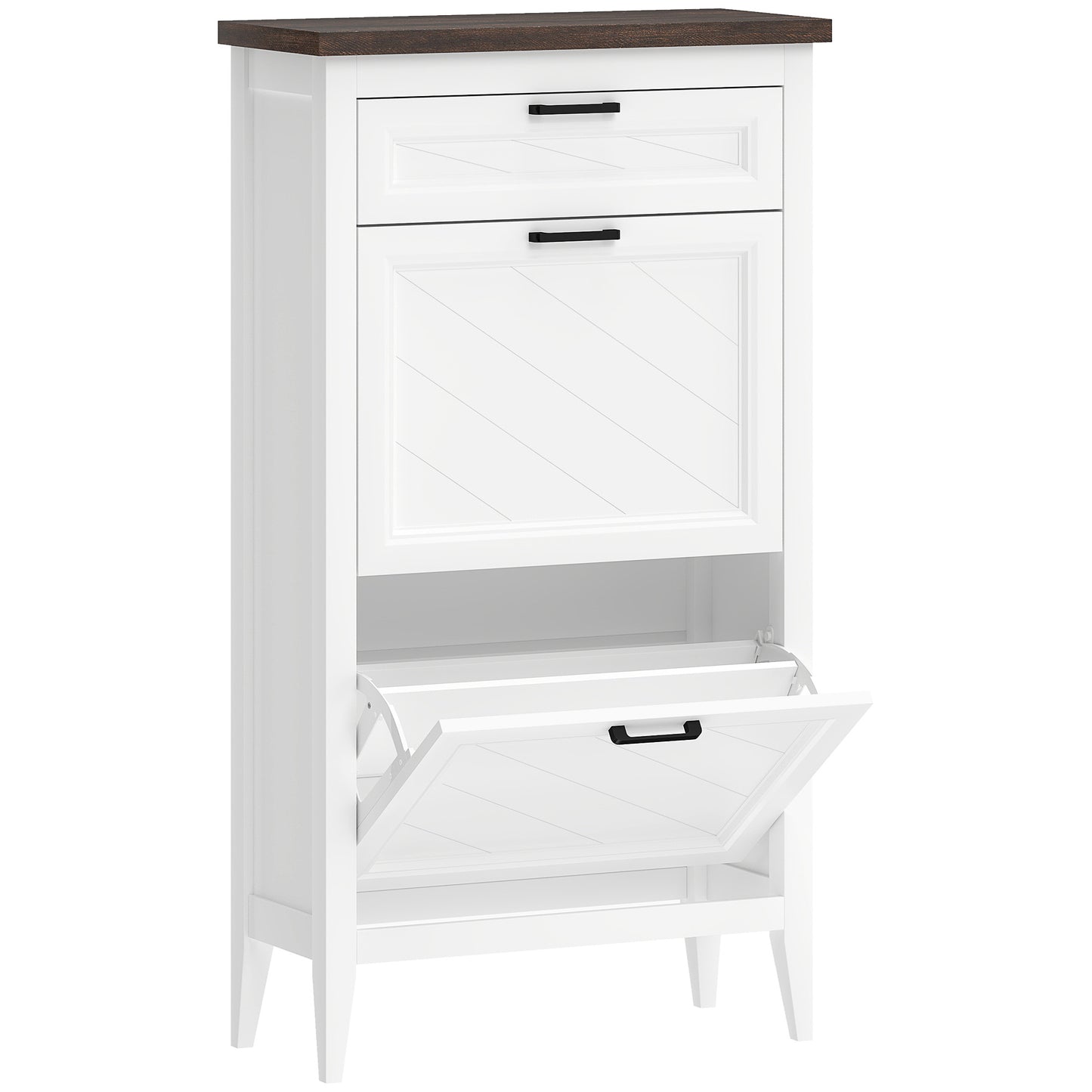 Farmhouse Narrow Shoe Cabinet | 2 Flip Drawers & Top Drawer | Adjustable Shelves | 8-12 Pairs | Slim 26.5cm Depth | Max UK 9.5 | Anti-Tipping | MDF | 60x26.5x108.5cm | White