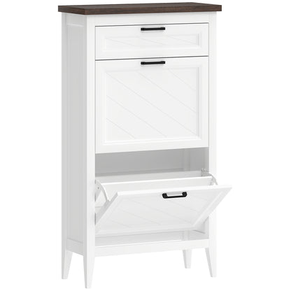 Farmhouse Narrow Shoe Cabinet | 2 Flip Drawers & Top Drawer | Adjustable Shelves | 8-12 Pairs | Slim 26.5cm Depth | Max UK 9.5 | Anti-Tipping | MDF | 60x26.5x108.5cm | White