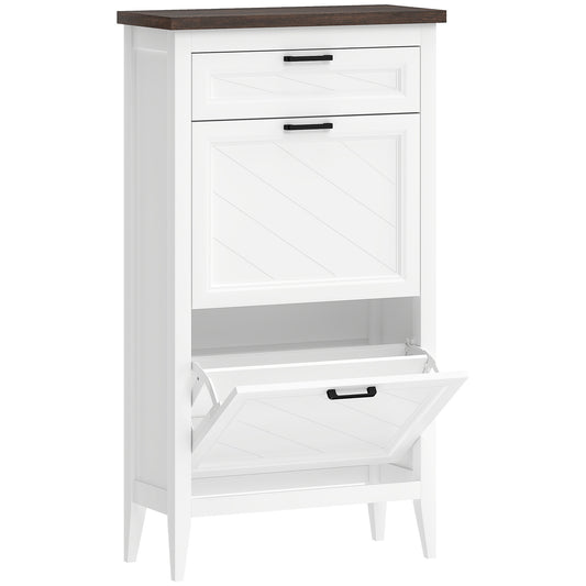 Farmhouse Narrow Shoe Cabinet | 2 Flip Drawers & Top Drawer | Adjustable Shelves | 8-12 Pairs | Slim 26.5cm Depth | Max UK 9.5 | Anti-Tipping | MDF | 60x26.5x108.5cm | White