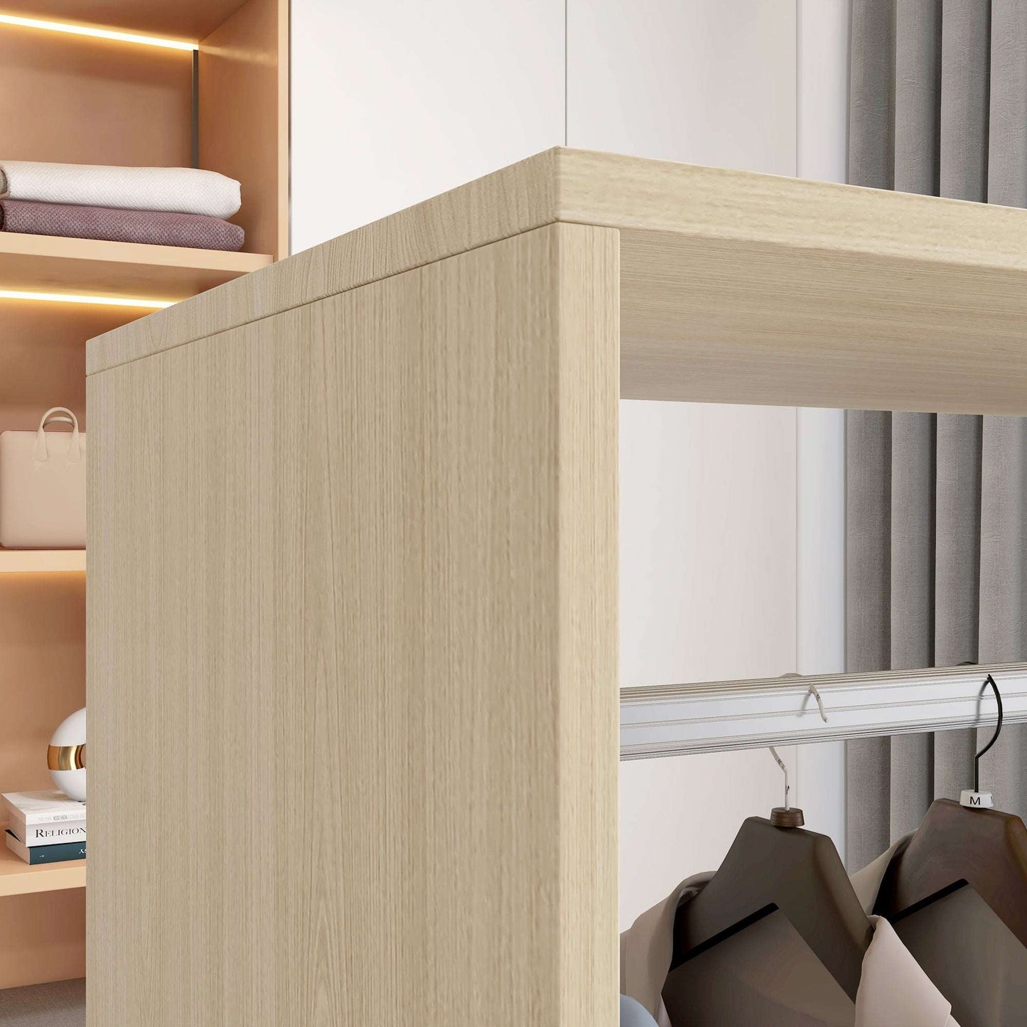 Open Wardrobe on Wheels | Clothes Hanging Rail | 2 Open Shelves | 4 Wheels 2 Lockable | 128x60x40cm | 25kg | Natural Wood Effect