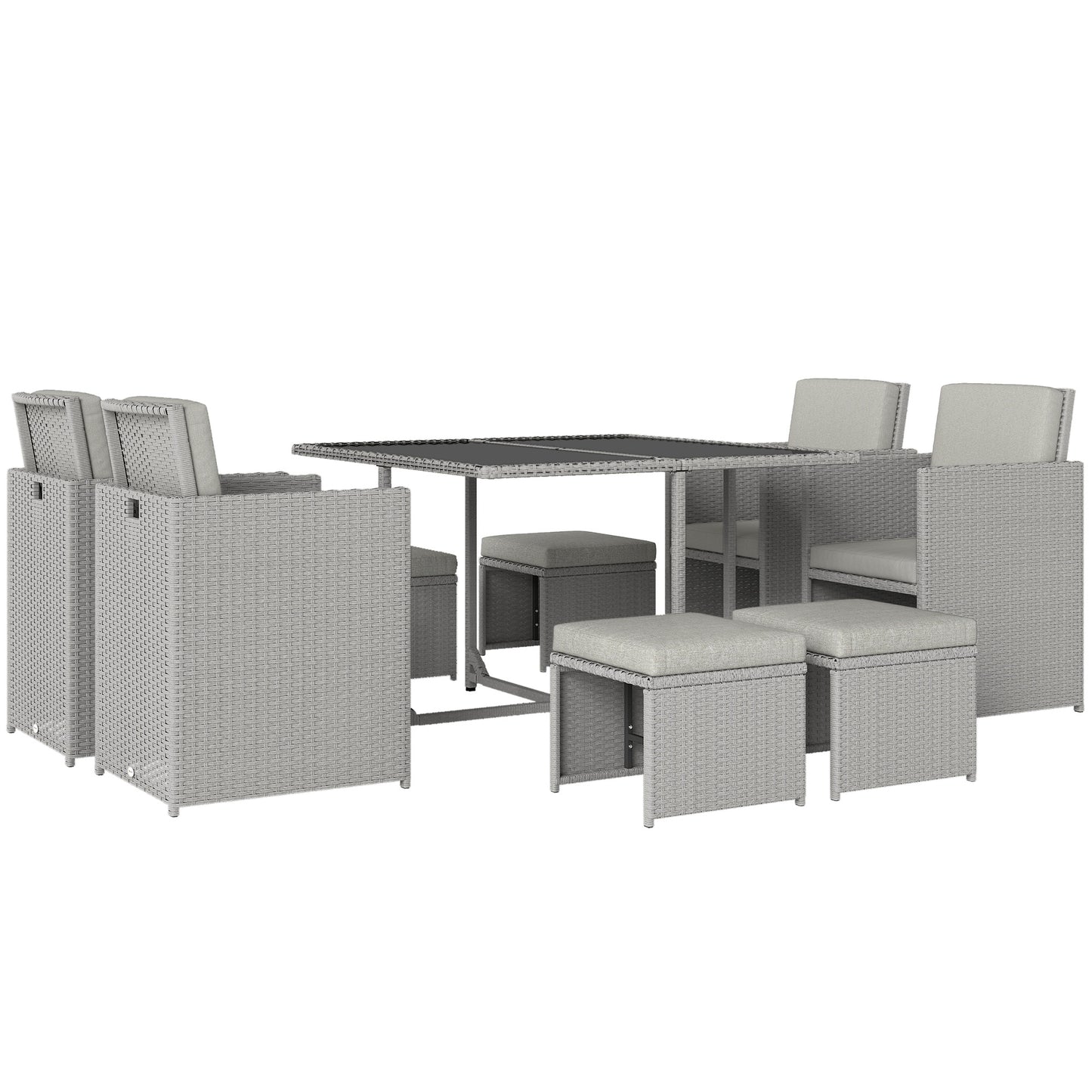 9 Piece Rattan Cube Garden Dining Set | 4 Armchairs | 4 Footstools | Tempered Glass Table 109x109x72cm | Thick Cushions | Washable Covers | PE Rattan & Metal Frame | Light Grey