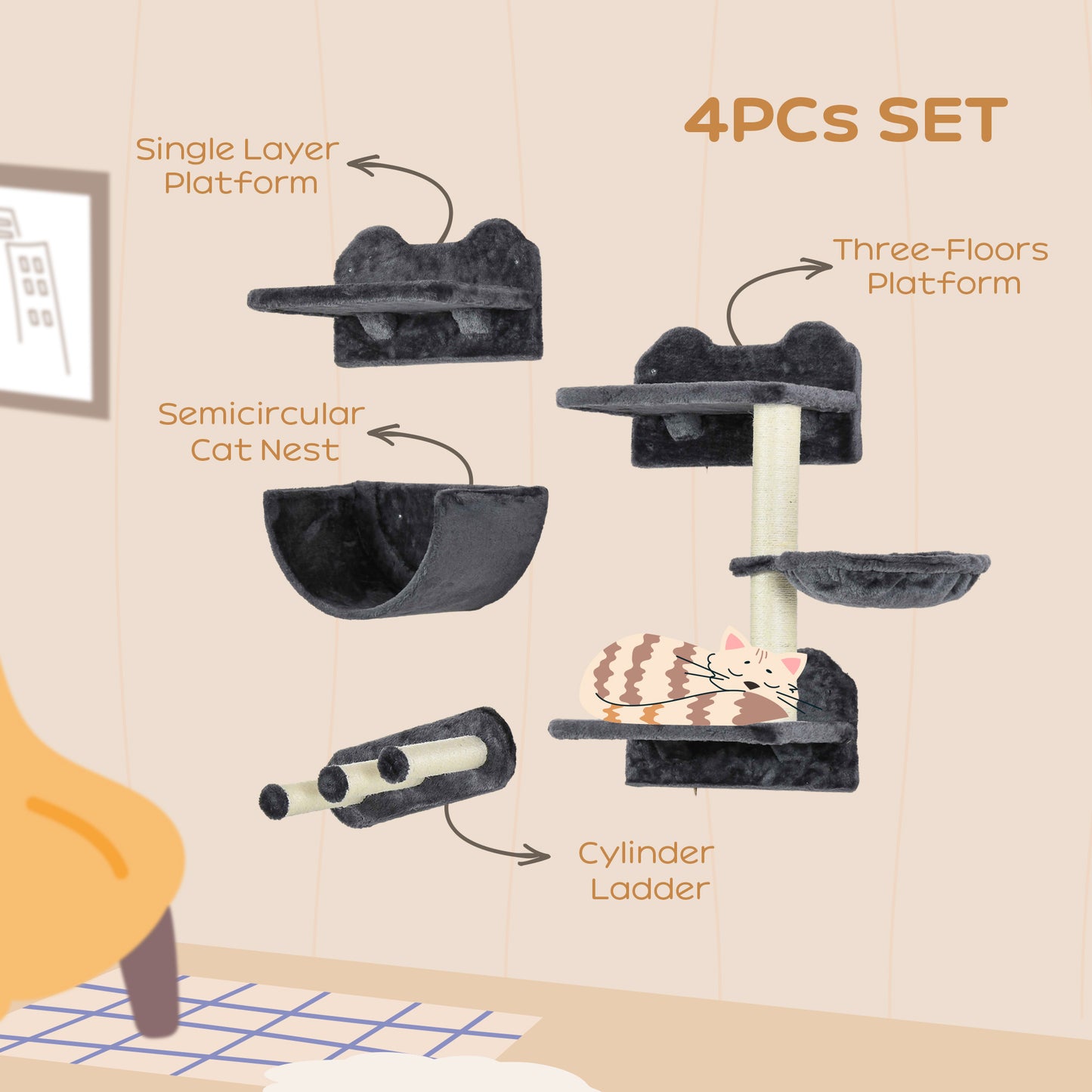 PawHut 4 Piece Wall-Mounted Cat Shelves w/ Scratching Post, Hammock, Nest - Dark Grey