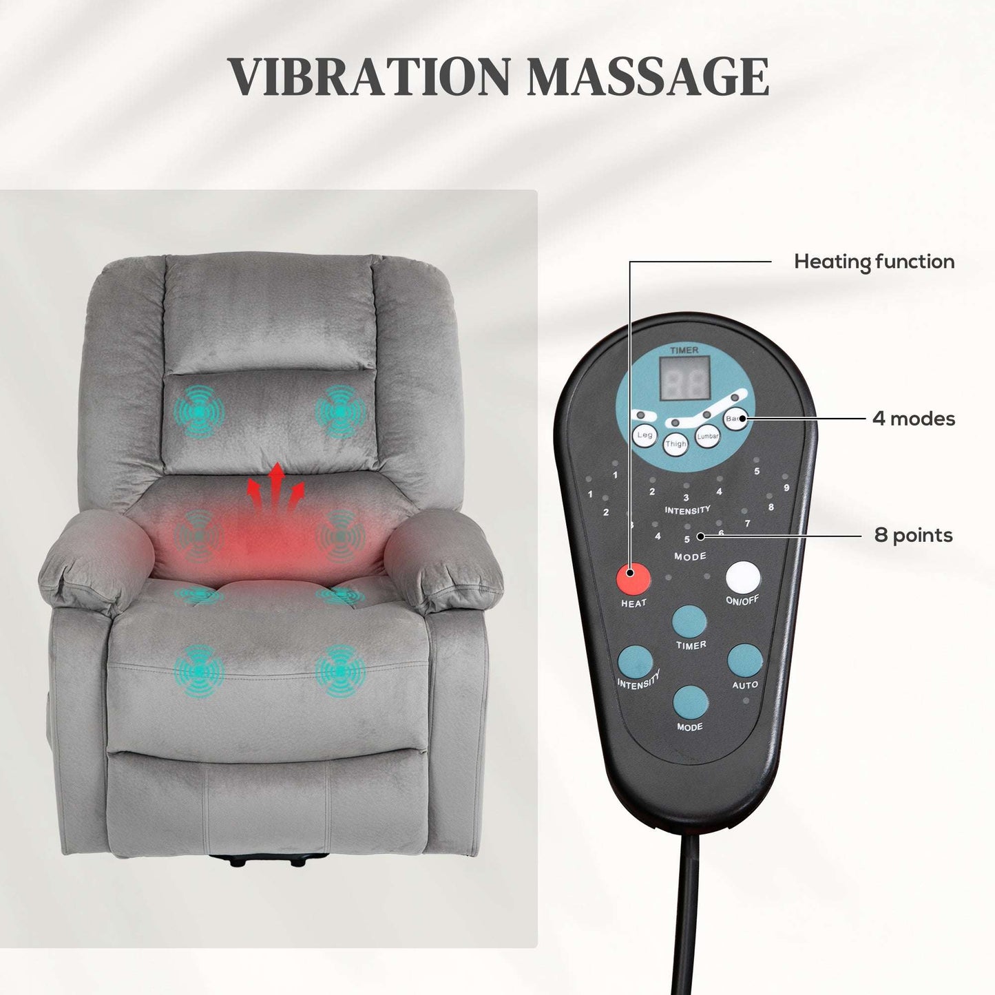 Electric Riser and Recliner Chair with Vibration Massage, Heat, Side Pocket, Grey