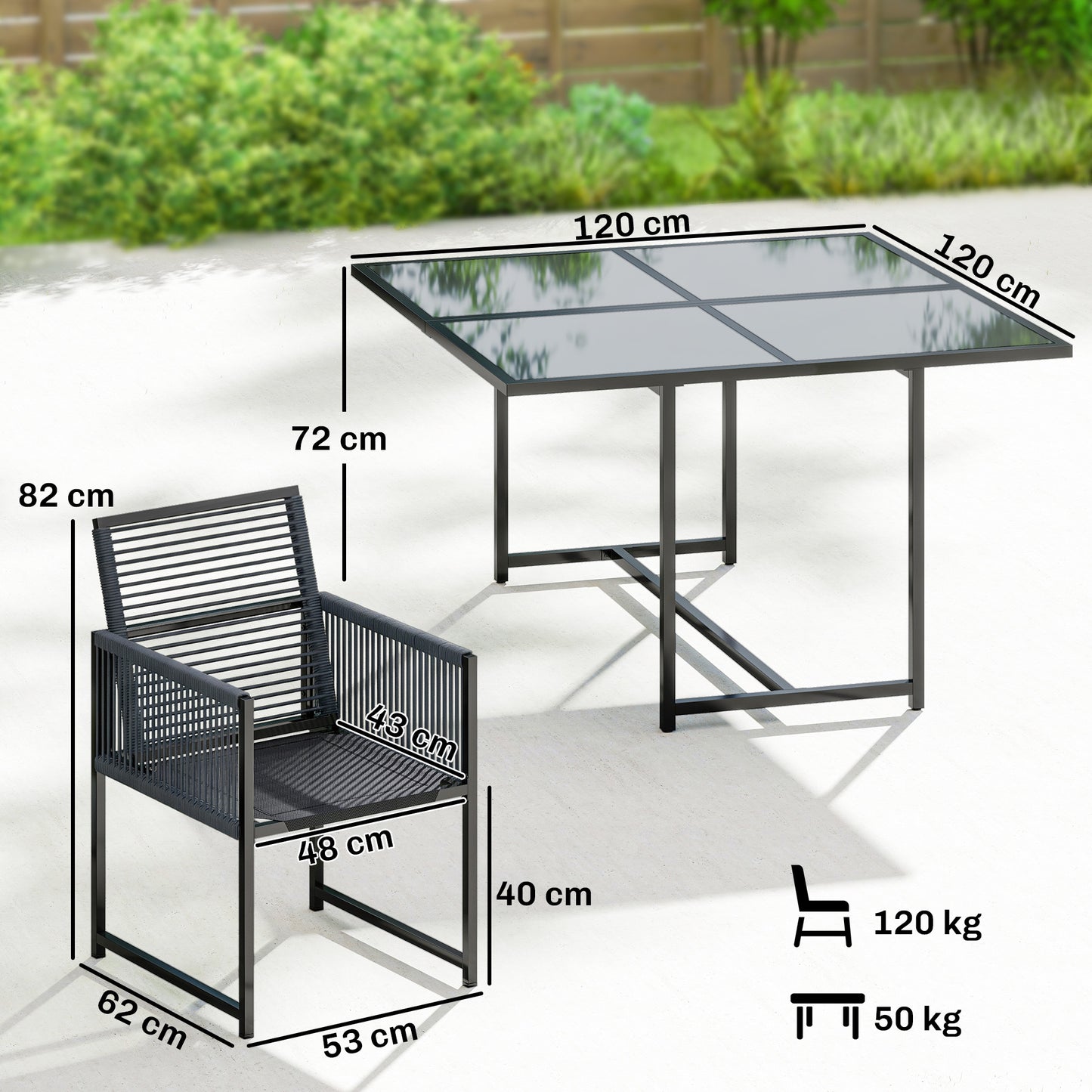 5-Piece Garden Dining Set | Tempered Glass Table | Foldable Chairs | Texteline | Dark Grey