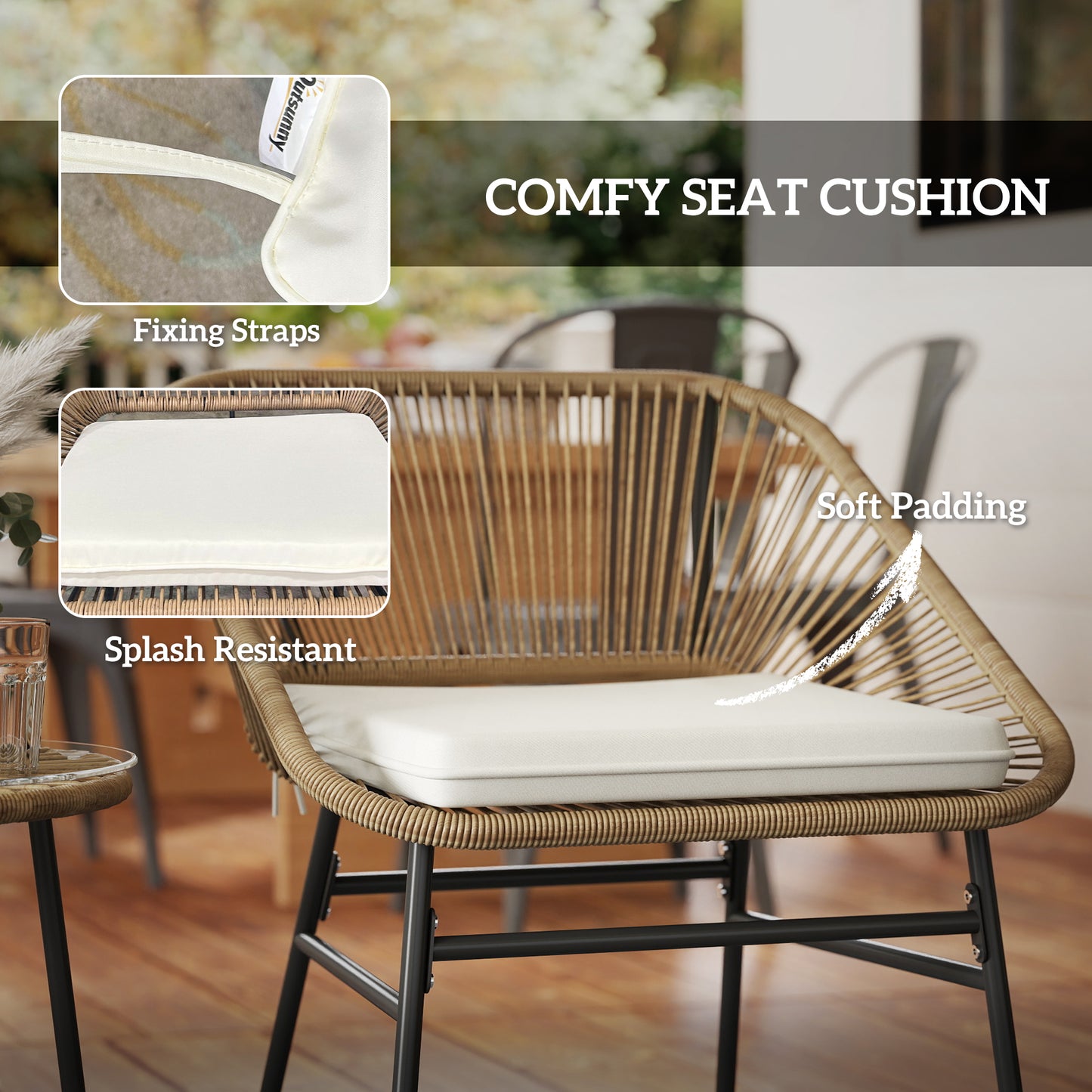 3 Pieces Rattan Bistro Set, Wicker Small Garden Table and Chairs Set with Cushions and Glass Top Coffee Table, Bistro Garden Furniture Set, Natural