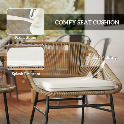 3 Pieces Rattan Bistro Set, Wicker Small Garden Table and Chairs Set with Cushions and Glass Top Coffee Table, Bistro Garden Furniture Set, Natural