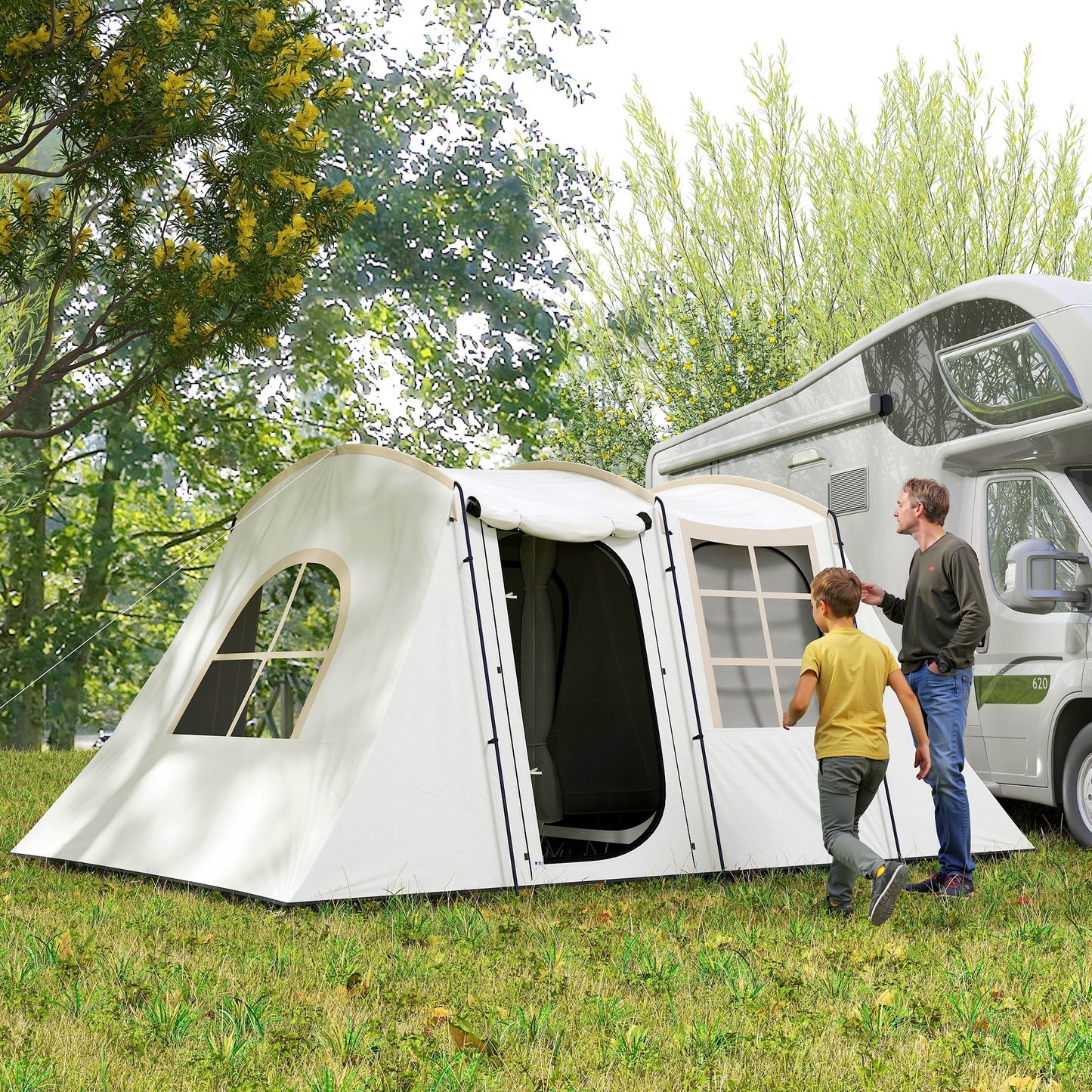 3-4 Man Tunnel Tent, Family Camping Tent with Porch, Bedroom and Living Area, Sewn in Groundsheet, 3000mm Waterproof, Portable with Bag - Khaki