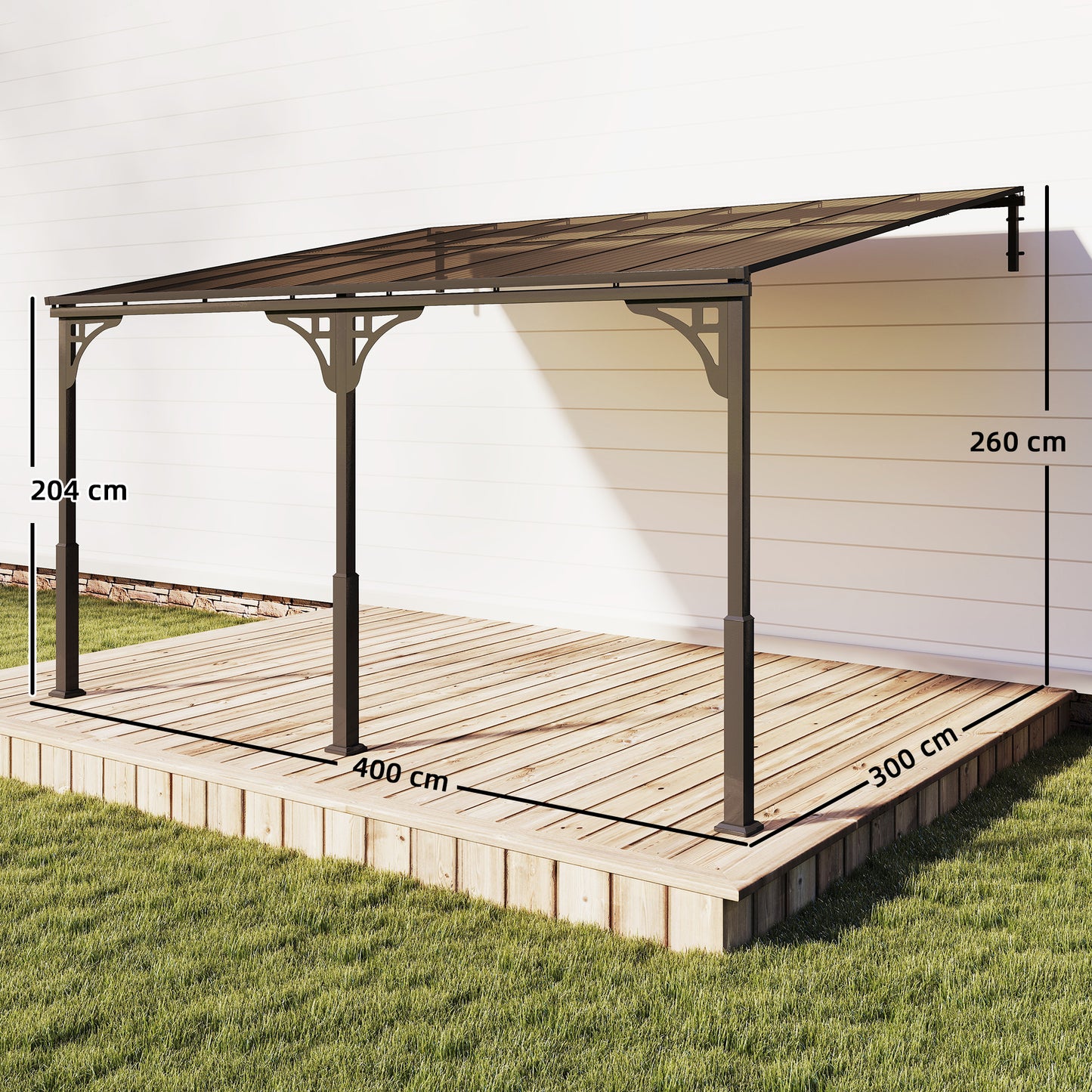 4x3m Hardtop Lean-To Pergola | 7mm Polycarbonate Roof | Galvanised Frame | Wall-Mounted | Windproof Level 6 | Brown