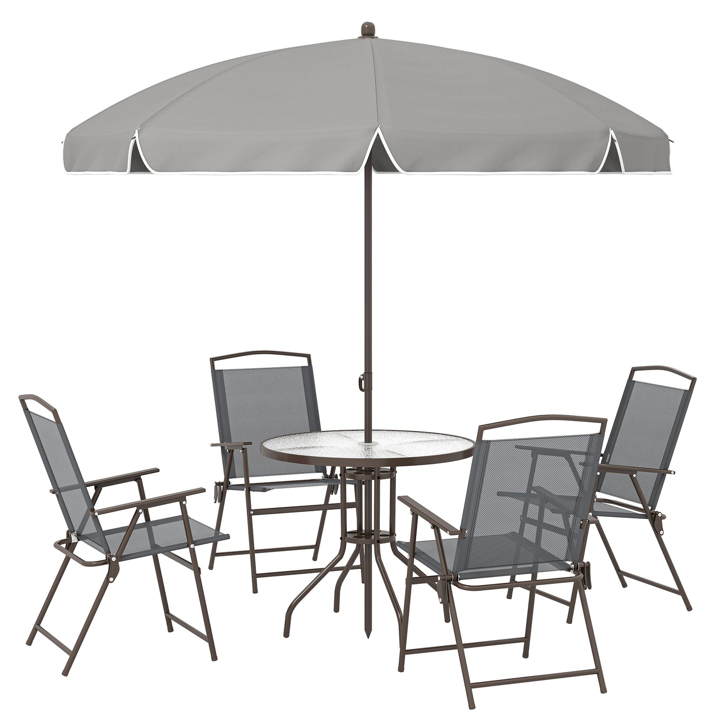 6-Piece Garden Dining Set with Parasol | 4 Folding Mesh Chairs | Glass Table | Ø170cm Parasol | Dark Grey