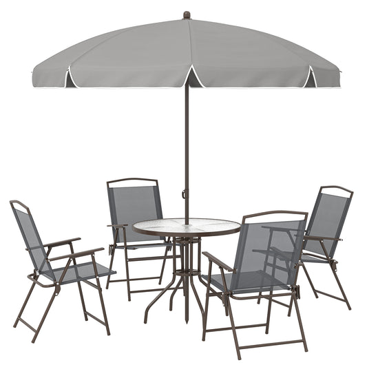 6-Piece Garden Dining Set with Parasol | 4 Folding Mesh Chairs | Glass Table | Ø170cm Parasol | Dark Grey