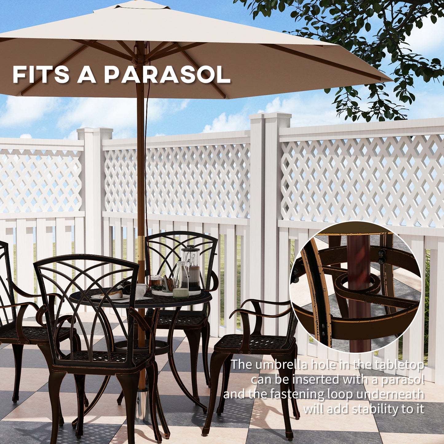 5 Piece Cast Aluminium Garden Dining Set | 4 Armchairs | Round Table Dia 85cm | 50mm Parasol Hole | Adjustable Feet | 160kg | Bronze Tone