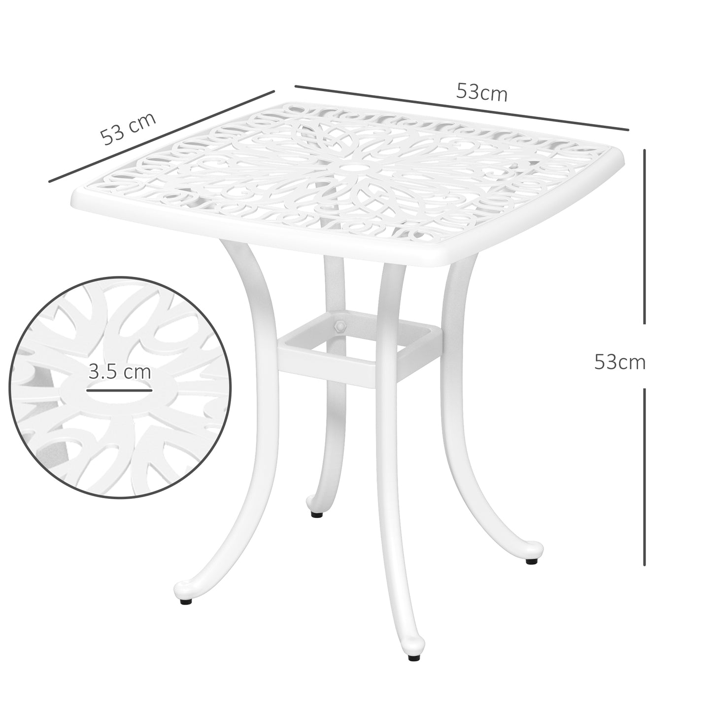 Cast Aluminium Garden Bistro Side Table | 53x53x53cm | Floral Cut-Out Design | Umbrella Hole 3.5cm | Curved Legs | Adjustable Feet | 50kg | White